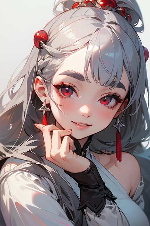 (highest quality, masterpiece:1.2), High resolution, 最高masterpiece、Very detailed, Realistic:1.37, Fantasy, An illustration,Gray Hair、 Red eyes、Queen, White Dress、Platinum decoration、beautifully、Eyeshadow Red、Thick eyebrows、Long eyelashes、pupils are black、shiny on the lips、Top Sites、Queen、Princess、ponytail、A kind smile、Show your teeth a little and smile、Soft impression、people々々々々々々Loved by、Slimming the face、Shoulder Bare、sexy、learn more、Braiding、Kissing Face、Luxurious and beautiful hair ornament、