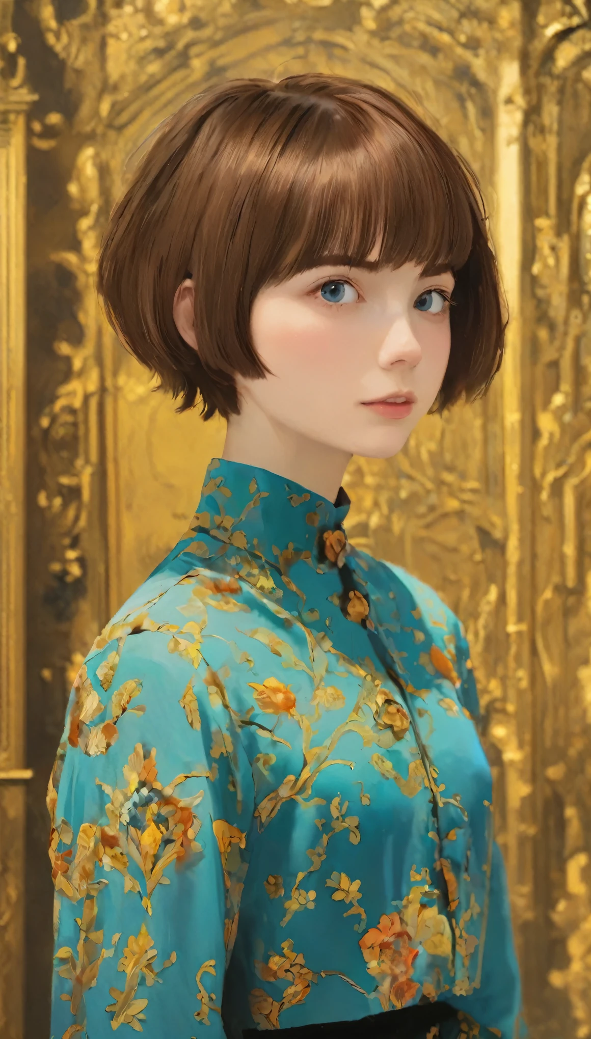 A woman with a short brown hair and a blue shirt - SeaArt AI