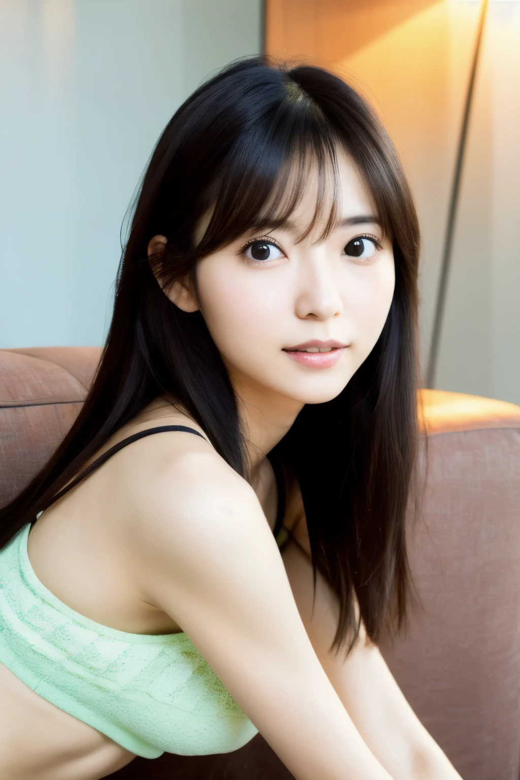 Masterpiece, High quality, high resolution, Skinny Japanese woman, 30 years old, cute face, ((detailed face, detailed eyes)), small breasts, very thin waist, slender legs, dayoff, relaxing at living room