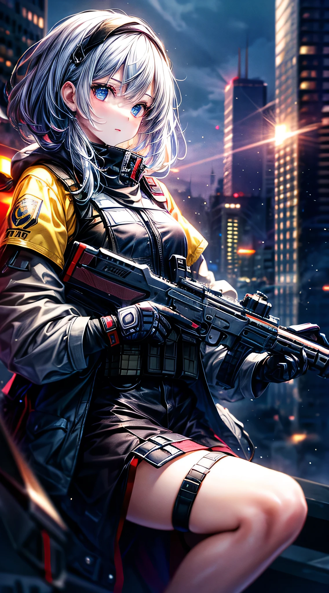 ((highest quality)), ((masterpiece)), 8k, One girl, Bulletproof vest, light, Highly detailed CG Unity 8k ,Beautiful detailed girl,Detailed eyes, Detailed face, View your viewers, gloves, boots, whole body, clock, computer, mask, Drone, Have a weapon, Jacket, (Background Destroyed city) , explosion , cigarette