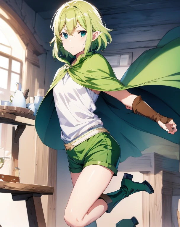 highest quality, Tabletop, 超A high resolution, Ryu Lion, Green shorts, Green Boots, White shirt, Green Cape