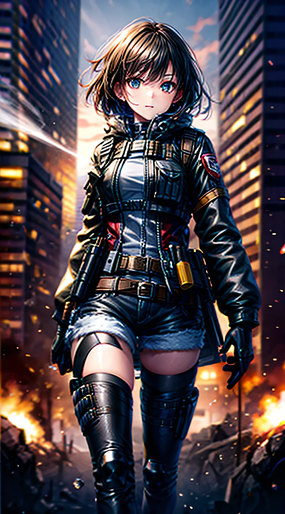 ((highest quality)), ((masterpiece)), 8k, One girl, Bulletproof vest, light, Highly detailed CG Unity 8k ,Beautiful detailed girl,Detailed eyes, Detailed face, View your viewers, gloves, boots, whole body, clock, computer, mask, Drone, Have a weapon, Jacket, (Background Destroyed city) , explosion , cigarette