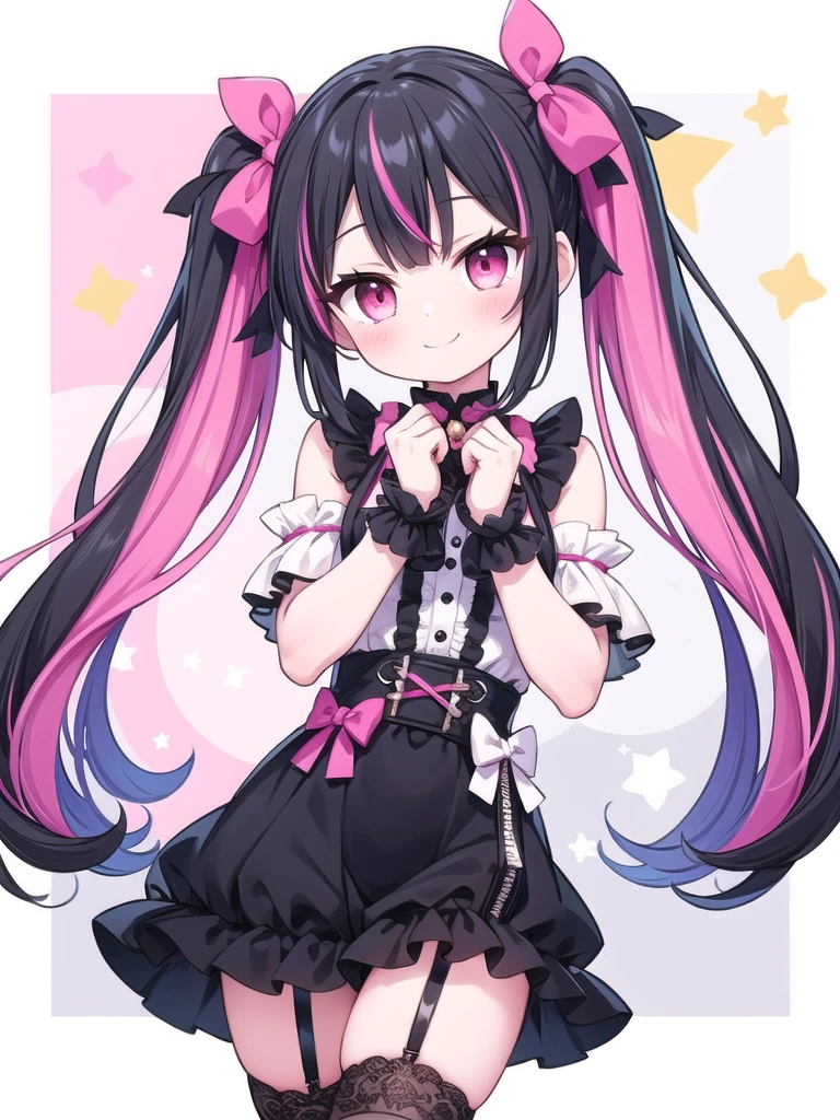 1girl, best quality, perfect hands, very long hair, multicolored hair, black hair, pink streaked hair, pink colored inner hair, black to pink gradient hair, black thighhighs, twintails, hair ribbon, bow, black thighhighs, black garter straps, jirai fashion, jirai kei, black lace up, pink ruffled shirt, zipper, black skirt, black neck ribbon, frills, frilled leg belt, hair ornament, smile