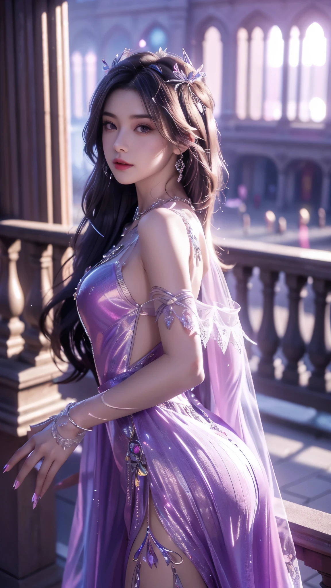 8K, UHD, MAsterpiece, best quality, 1 girl, (realistic face), happy pace, very long hair, small breasts, decorated dress, very beautiful ornaments dress, purple color, ((lace)), mesh dress, mesh cape flowing, sardine, loops, ((ornaments)), legendary night balcony, depth of field, cinematic lighting, chromatic aberration, motion blur, glowing light, god rays, ray tracing, reflection light, backlighting, bloom, chromatic aberration abuse, multiple monochrome, love pose,