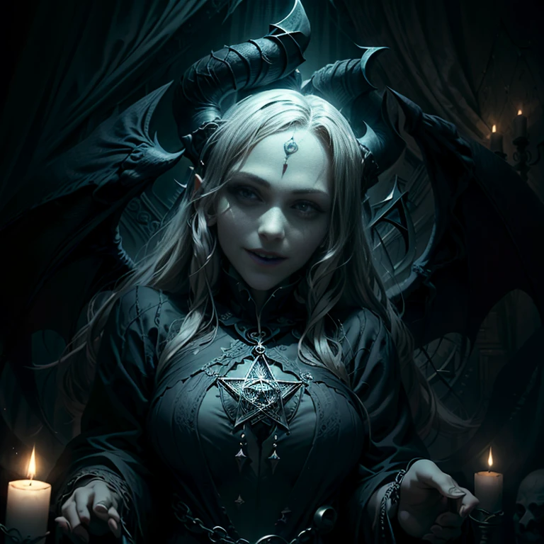 Best Quality、Super detailed、Bright colors、Portrait、dark、Mythical creatures、Baphomet、Sharp focus、Gothic style、Devilish Features、horn、Beard、Winged human figure、Wicked Smile、Occult symbolism、Black and white、Spooky lighting、The setting of the ceremony、Mysterious atmosphere、Candlelit room、Majestic and awe-inspiring、Wisdom and knowledge、Esoteric symbolism、Third Eye、Pentagram