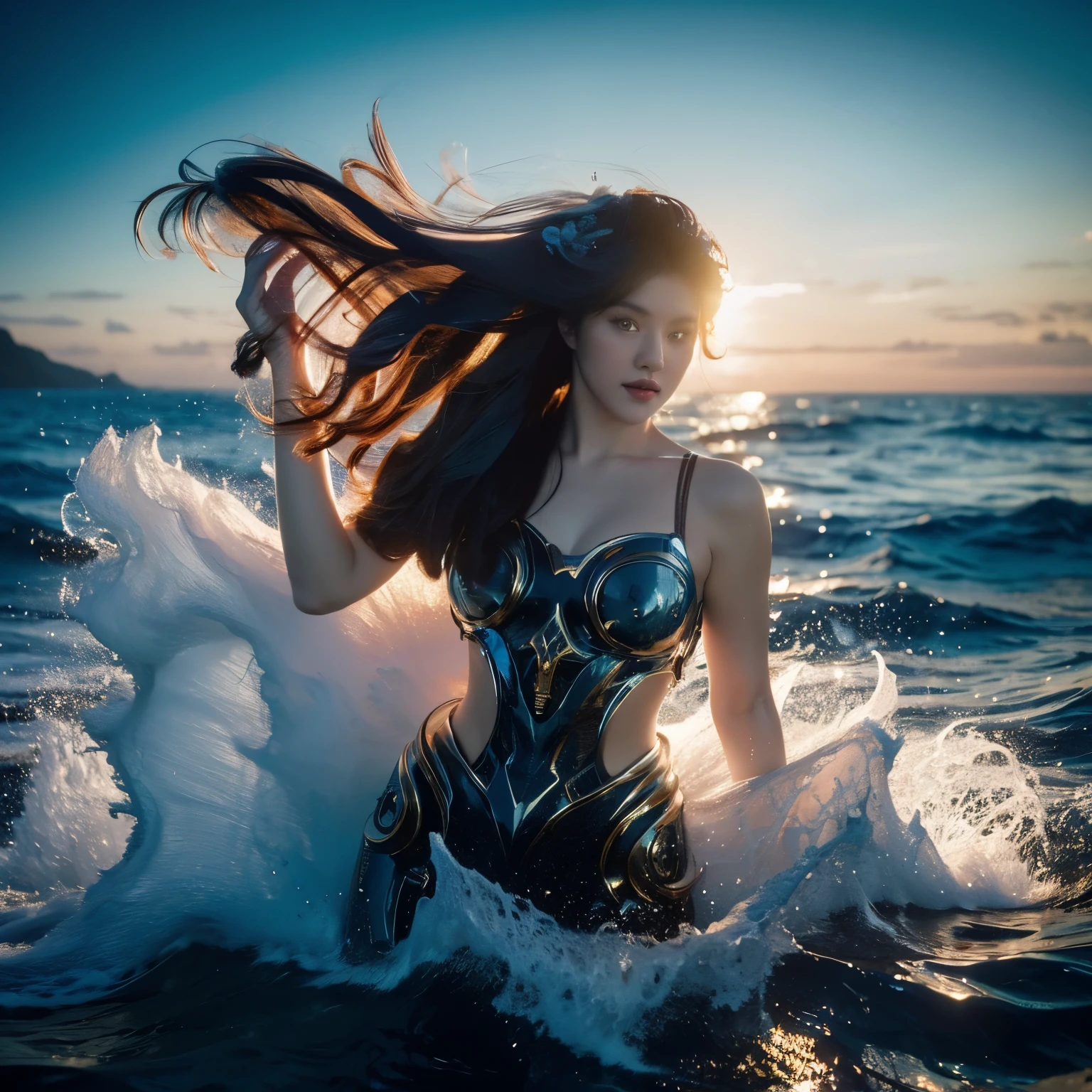 (8k RAW Photo, high detail, crisp detail, rich detail), vonzy, vonnyfelicia, blue haired, young sea goddess, creating big tidal wave in the middle of ocean, splitting sea, big breast, sexy golden armor,giant octopus behind,kraken,tidal wave background