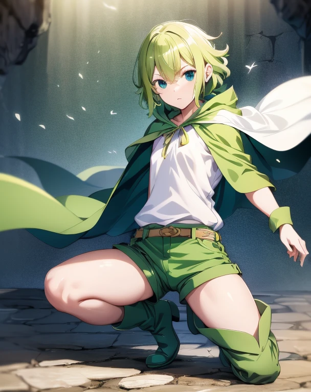 highest quality, Tabletop, 超A high resolution, Ryu Lion, Green shorts, Green Boots, White shirt, Green Cape