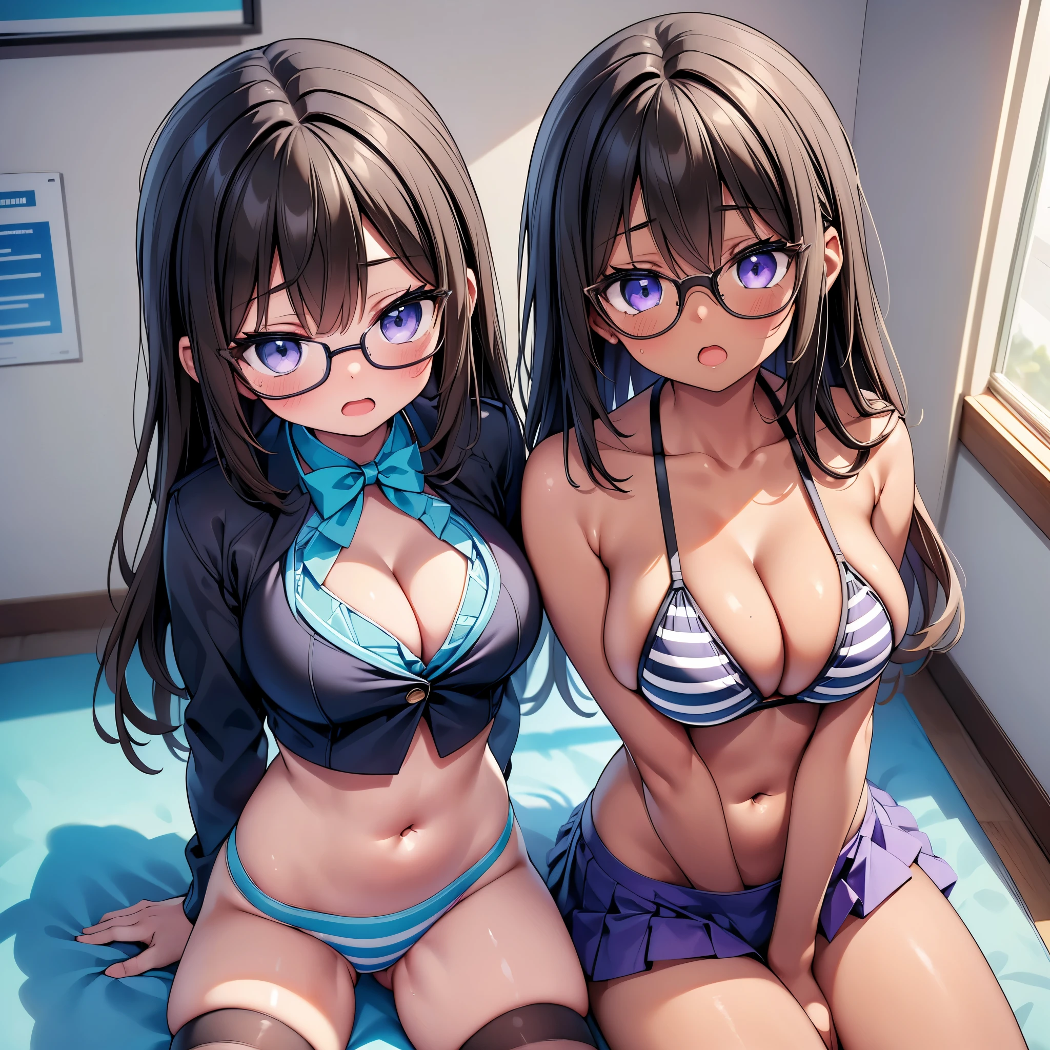 (cute eyes:1.2), (sparkling eyes:1.2), (8K、Best image quality、highest quality、masterpiece)、Detailed face、(2 girls, (Brown Skin:1.3))、Improve、(Black Hair, Purple Eyes, Glasses, long hair)、(open mouth), (embarrassed), (skinny body:1.3),(), (Light blue striped micro :1.1), (:1.1), (cleavage), (crop top navel), Classroom Background, (black stockings:1.1), (Thighs:1.1), (Waistline:1.1),(close-up shot of bust), (from above:1.2)