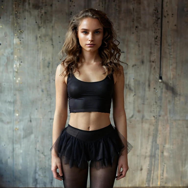 Skin texture, no makeup, Super high res photo of a woman with wavy long hair, Canon, 85mm,cinematic, high quality, medium shot looking at the viewer, black Lycra crop top, pantyhose tights, platino 15 denier seamless gloss tights, sheer tulle micro tutu you can see sheer tights under