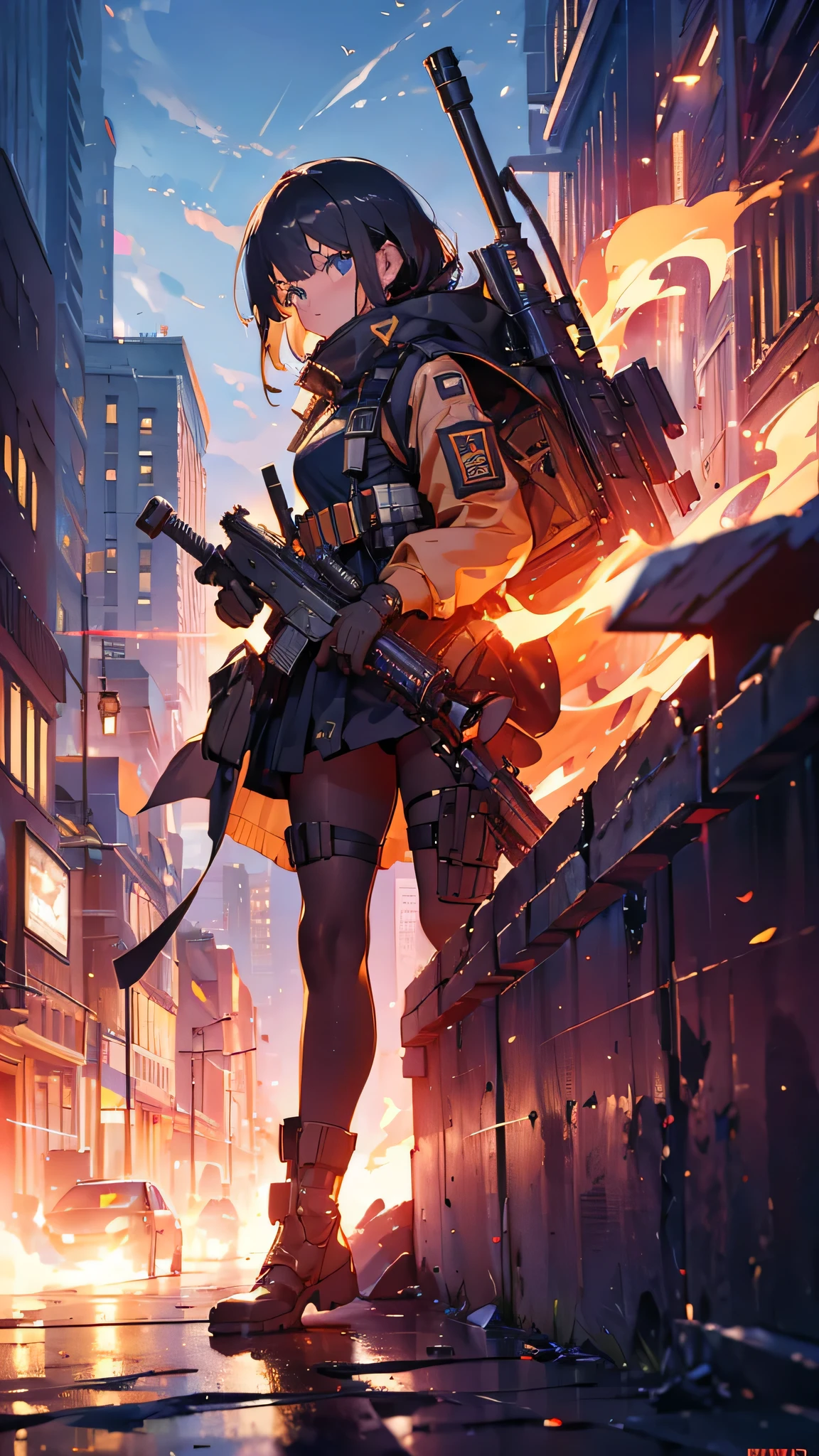 ((highest quality)), ((masterpiece)), 8k, One girl, Bulletproof vest, light, Highly detailed CG Unity 8k ,Beautiful detailed girl,Detailed eyes, Detailed face, View your viewers, gloves, boots, whole body, clock, computer, mask, Drone, Have a weapon, Jacket, (Background Destroyed city) , explosion , cigarette