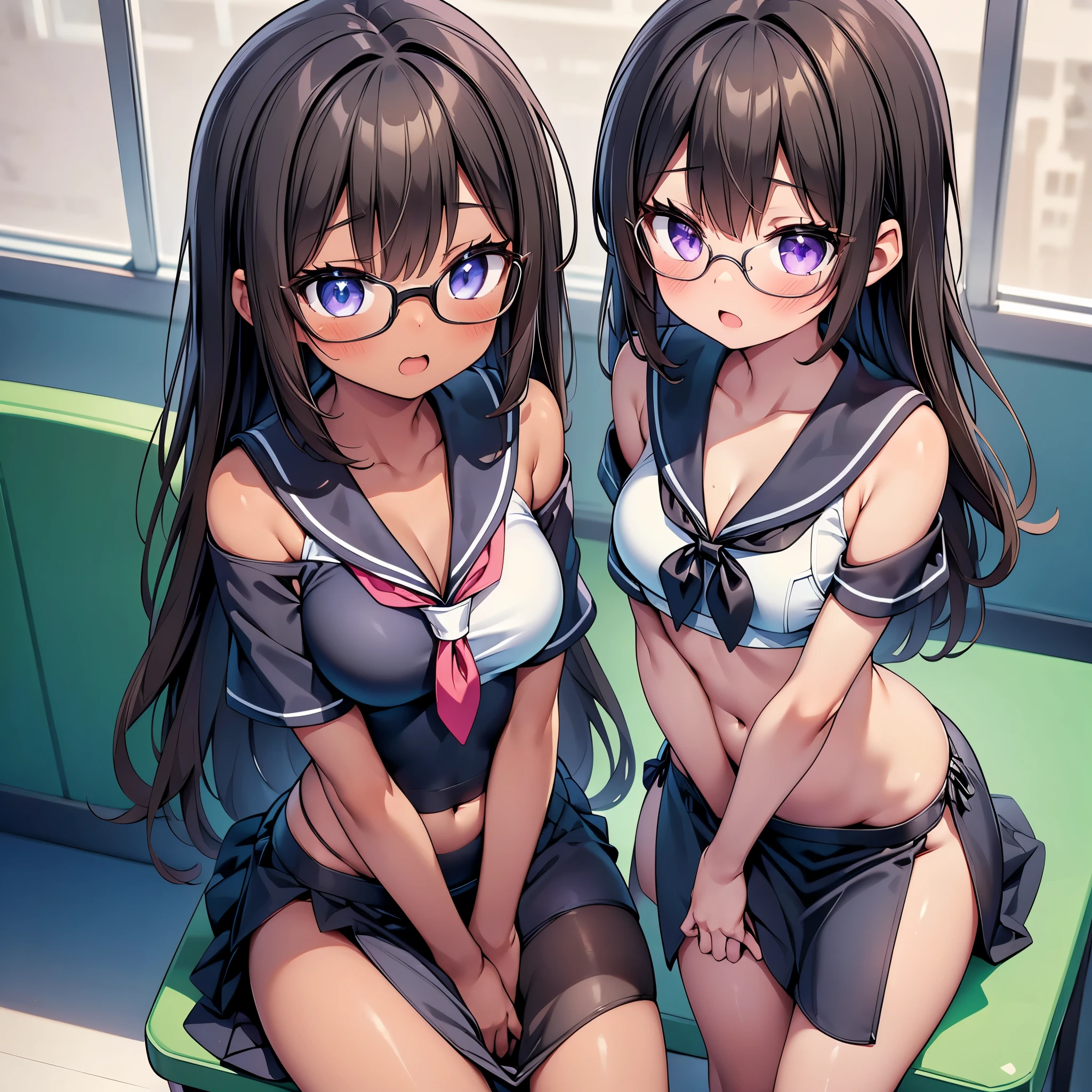 (cute eyes:1.2), (sparkling eyes:1.2), (8K、Best image quality、highest quality、masterpiece)、Detailed face、(2 girls, (Brown Skin:1.3))、Improve、(Black Hair, Purple Eyes, Glasses, long hair)、(open mouth), (embarrassed), (skinny body:1.3),(small breast), (off shoulder sailor swimsuit:1.2), (side slit :1.3), (cleavage), (crop top navel), Sit on a chair, Classroom Background, (black stockings:1.1), (Thighs:1.1), (Waistline:1.1),(close-up shot of bust), (from above:1.2)