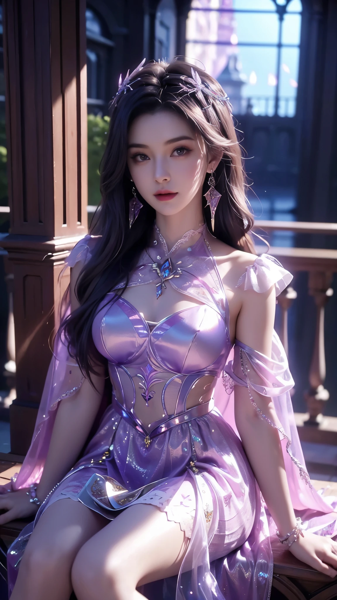 8K, UHD, MAsterpiece, best quality, 1 girl, (realistic face), happy pace, very long hair, small breasts, decorated dress, very beautiful ornaments dress, purple color, ((lace)), mesh dress, mesh cape flowing, sardine, loops, ((ornaments)), legendary night balcony, depth of field, cinematic lighting, chromatic aberration, motion blur, glowing light, god rays, ray tracing, reflection light, backlighting, bloom, chromatic aberration abuse, multiple monochrome, love pose, sitting on the chair,