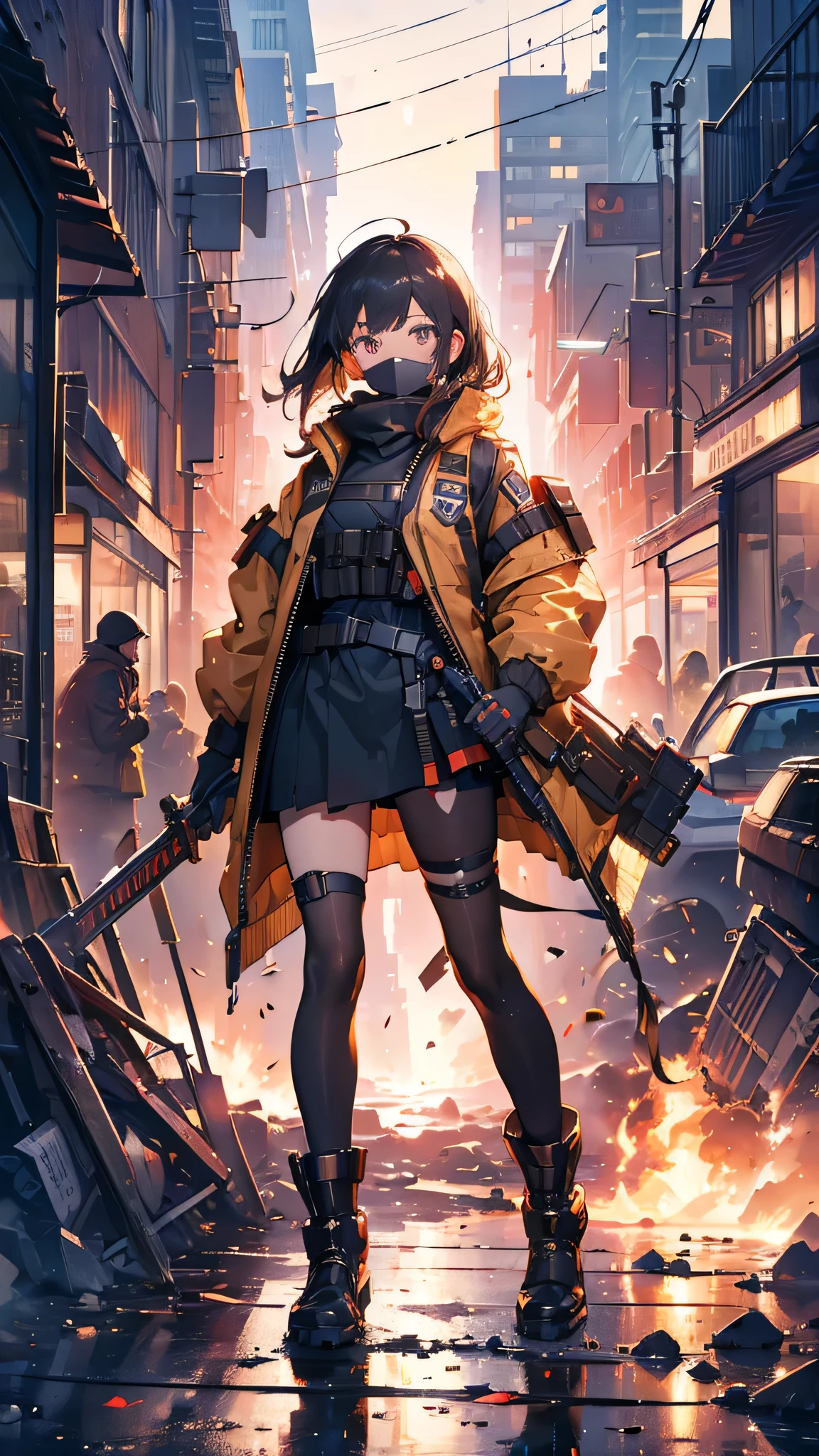 ((highest quality)), ((masterpiece)), 8k, One girl, Bulletproof vest, light, Highly detailed CG Unity 8k ,Beautiful detailed girl,Detailed eyes, Detailed face, View your viewers, gloves, boots, whole body, clock, computer, mask, Drone, Have a weapon, Jacket, (Background Destroyed city) , explosion , cigarette
