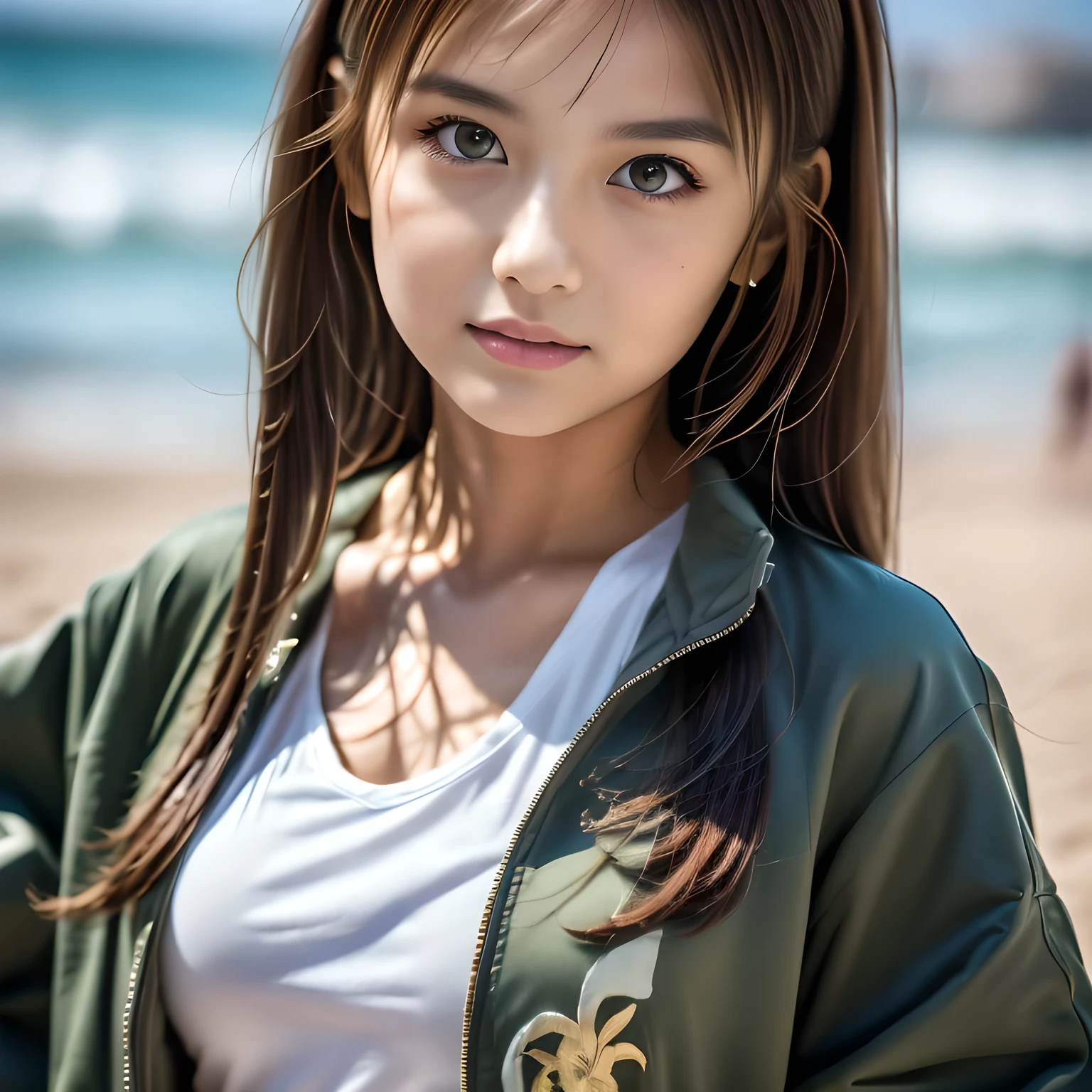 close up face:1.3, (Masterpiece:1.3), (8K), (Best Quality:1.4), (UHD:1.2), (Photorealistic:1.3), (Raw Photography), (1girl), (Ultra High Detailed), (Detailed face), very perfect beautiful and cute face, (Detailed hair), Beautiful hair, bangs, (symmetrical eyes:1.3), (Detailed eyes), (Detailed skin), Realistic skin, shiny skin, Ultra high definition, (slim figure), (super model figure), 27yo, 

( wearing a t-shirt, jacket ), on the beach, 