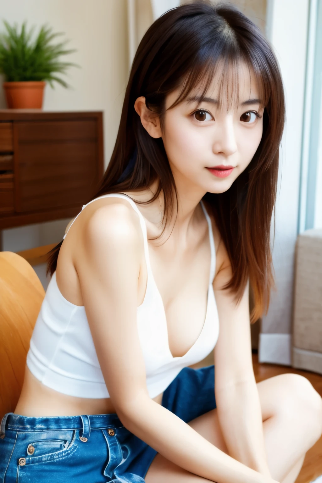 Masterpiece, High quality, high resolution, Skinny Japanese woman, 30 years old, cute face, ((detailed face, detailed eyes)), small breasts, very thin waist, slender legs, dayoff, relaxing at living room