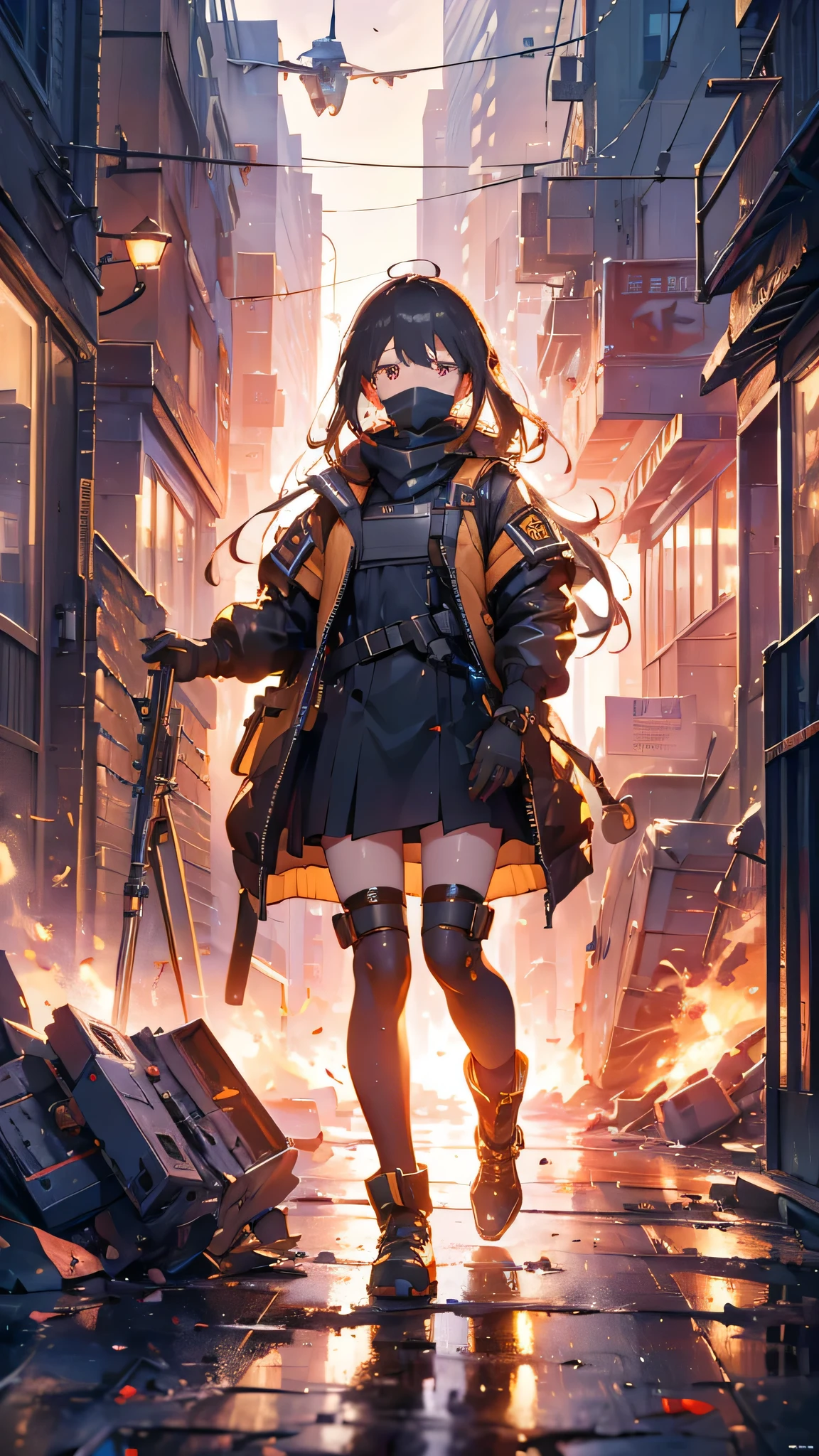 ((highest quality)), ((masterpiece)), 8k, One girl, Bulletproof vest, light, Highly detailed CG Unity 8k ,Beautiful detailed girl,Detailed eyes, Detailed face, View your viewers, gloves, boots, whole body, clock, computer, mask, Drone, Have a weapon, Jacket, (Background Destroyed city) , explosion , cigarette