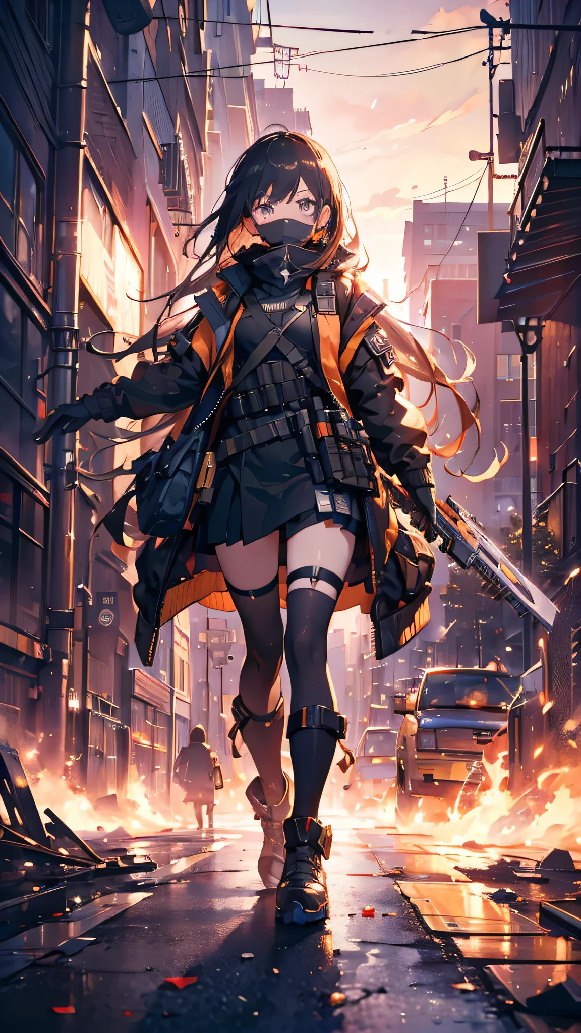((highest quality)), ((masterpiece)), 8k, One girl, Bulletproof vest, light, Highly detailed CG Unity 8k ,Beautiful detailed girl,Detailed eyes, Detailed face, View your viewers, gloves, boots, whole body, clock, computer, mask, Drone, Have a weapon, Jacket, (Background Destroyed city) , explosion , cigarette