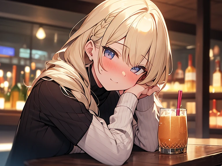 Masterpiece, Top quality, (1 beautiful girl :1.2), Blonde, straight hair, fishtail braid, 24 year old, medium breasts, standard weight, sweater, laugh:1.3, nose blush :1.1, drunk, tarame, beautiful scene of bar, blurry background, magnificent panorama view, drinking alcohol, glass, close up of upper body , side view, from above