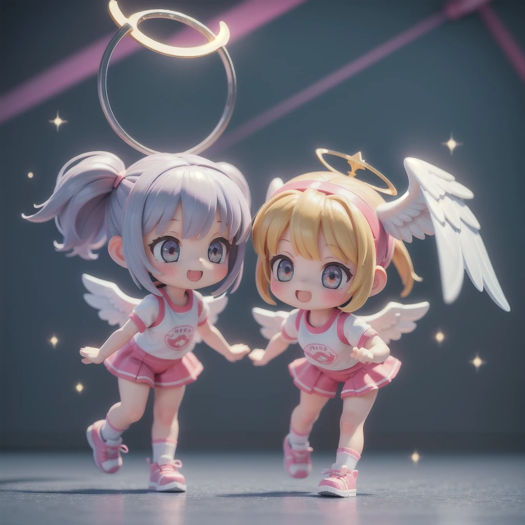 (photorealistic),multiple girls,(girls is angel),((girls with angel's wing,angel halo floats above her head),(nendoroid figure), miniatures,illustration,very happy smile,mouth open,Angels playing at the gym,whole body,dynamic pose,training equipment,three-dimensional,3D renderingPerfect face,Collagen texture,