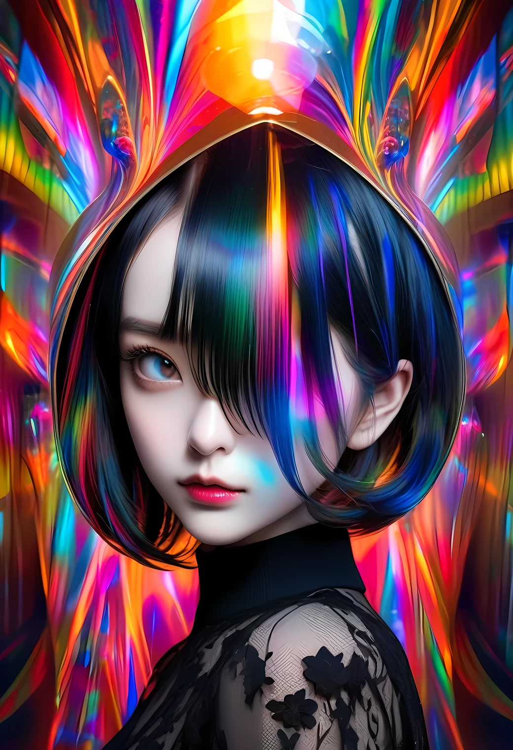 multiple exposure, raw photo:1.2, masterpiece, highest quality, 16k, unbelievably absurd, very detailed, perfect beauty, (gothic style), beautiful cute girl, in a beautiful pose, modern wavey bob hair, through bangs, droopy eyes, prism effect, mirror effect, professional lighting, vibrant colors, raw photo, portrait,