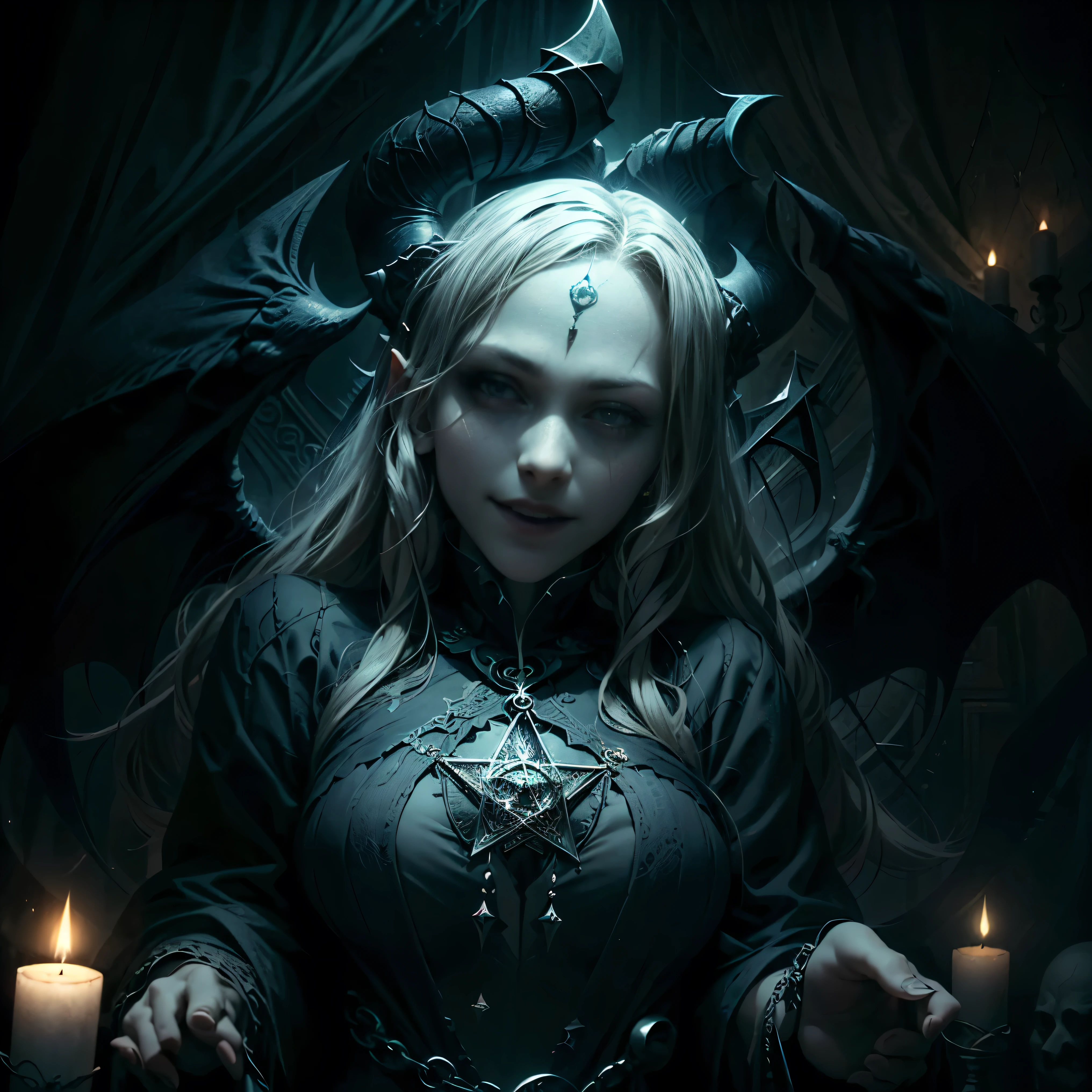 Best Quality、Super detailed、Bright colors、Portrait、dark、Mythical creatures、Baphomet、Sharp focus、Gothic style、Devilish Features、horn、Beard、Winged human figure、Wicked Smile、Occult symbolism、Black and white、Spooky lighting、The setting of the ceremony、Mysterious atmosphere、Candlelit room、Majestic and awe-inspiring、Wisdom and knowledge、Esoteric symbolism、Third Eye、Pentagram