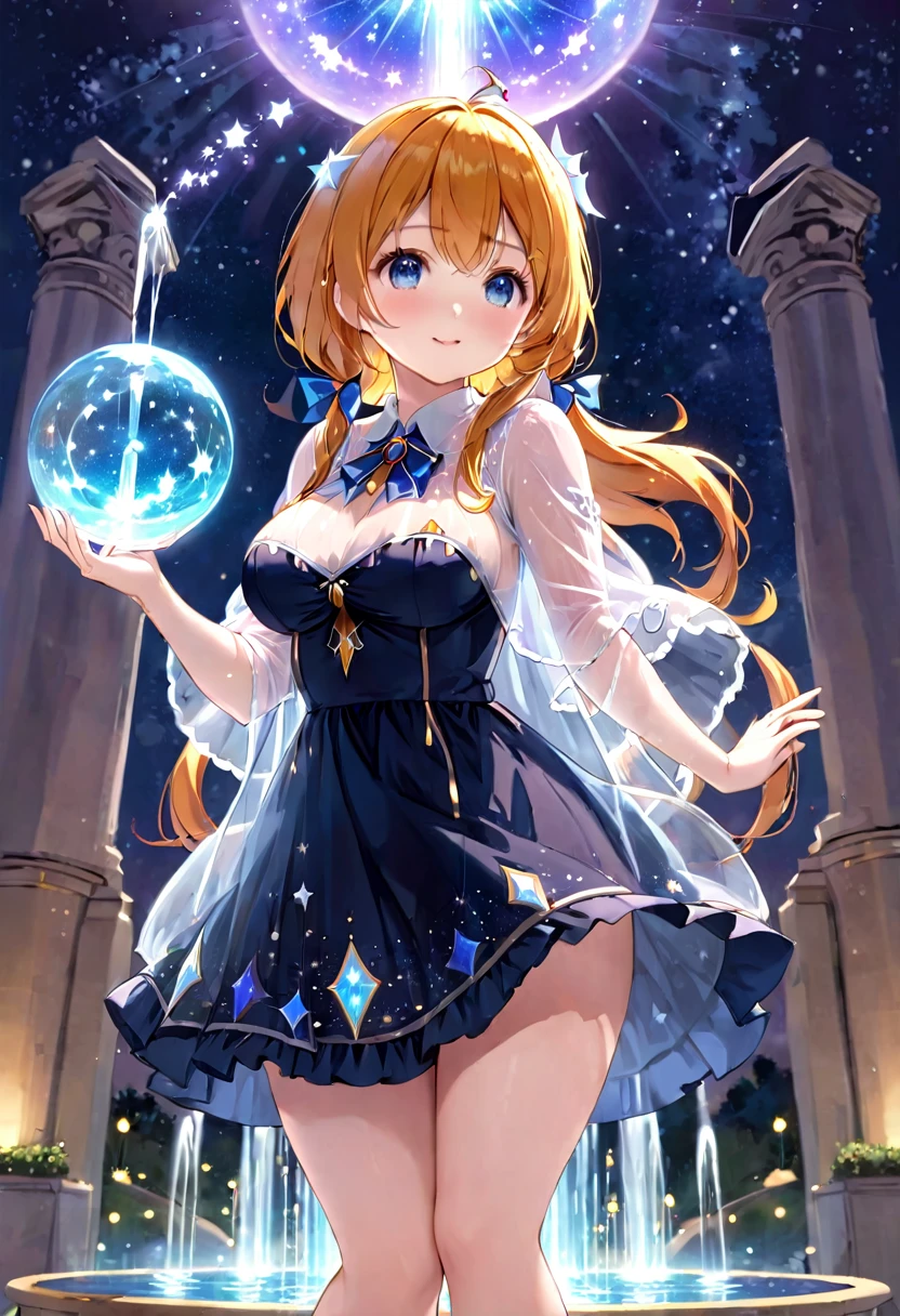 see-through, top quality, masterpiece, super detailed, cute girl, big tits, girl in wizard dress, starry fountain, land of gods, magic circle