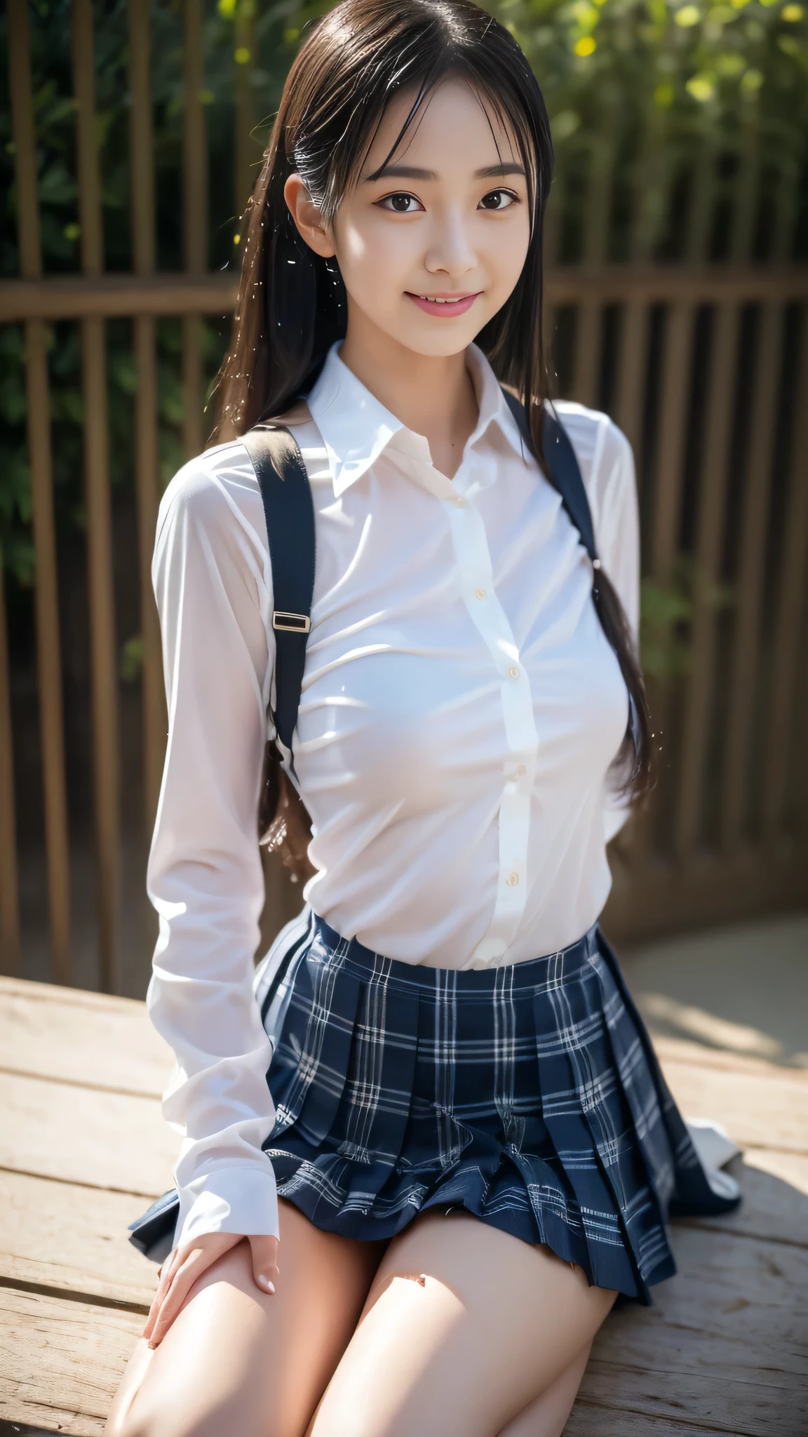 (((Attention to detail,The perfect female body、masterpiece,Attention to detail))),Long sleeve,Jacket1.5,High socks1.5,Loafers1.5,Panty shot1.5,Sitting with Knees Up on seat ,spread legs,crawling position on their hands and knees:1.5,((skirt lift:1.3)),Asian woman in uniform, Realistic Young Gravure Idol, Surreal school girl, Japanese , Japanese girls uniform、blazer, Checkered pleated skirt、Girls' 、Surreal school girl,Young and cute gravure idol, Wearing Japanese, Young Sensual Gravure Idol, Young Gravure Idol, A high school girl who is beautiful and innocent when she smiles,My whole body is wet,Dripping,Blushing,Beautiful girl with beautiful legs,Beautiful woman natural light、My whole body is wet,Light clothing,loafers,ponytail,Black shiny hair,Wet hair,dripping water,Dripping,,Make a troubled face,Sit on a chair、Sit on a bench、Stand with your feet shoulder-width apart:1.3、The gesture of adjusting socks:1.3、Knees up:1.3、The skirt rises and the panties are visible、White panties:1.3、Between the thighs:1.3、The labia majora is wet、Looking up at her from below:1.3、Perfect anatomy、 beautiful girl:1.3、((Guerrilla rainstorm、My body got wet in the heavy rain、My shirt is wet and my skin is visible、You can see through the bra、My skirt is wet and clings to my skin、Feels good))