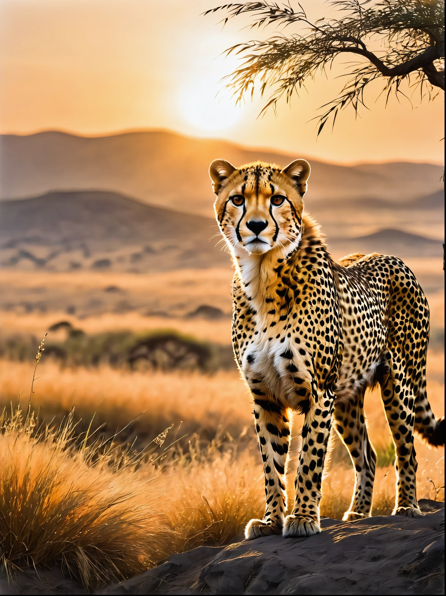 Picture a veldt bathed in the rich colours of a setting sun, Amidst the tall, golden grass, a cheetah is poised, observing its surroundings with a composed intensity befitting the fastest land animal. Its lean muscular body, sleek coat peppered with distinctive black spots glimmering in the dying light of the day, showcases its magnificent adaptation for speed, Tufts of whiskers flicker over a sharp, focused gaze, an embodiment of fierce gracefulness, The backdrop completes this scene with acacia trees dotting the veldt, rolling hills in the distance, and an orange-tinted sky