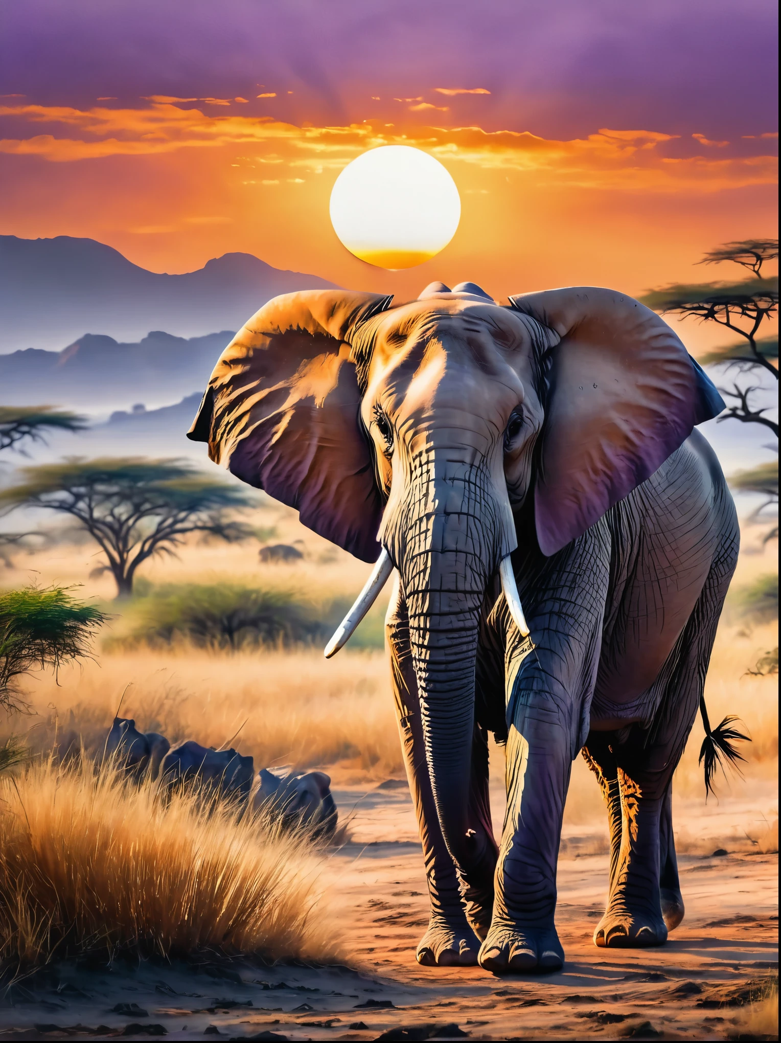 A vibrant picture of an adult elephant standing in its natural habitat of the African savannah, with the sun setting in the background, The sky shows a palette of purple and orange colored hues, subtly reflected on the body of the elephant, The elephant appears calm and majestic, grazing peacefully, its wrinkled, grey, leathery skin conspicuous, Its massive ears fan out as it gracefully lifts its long, strong trunk, showing the two prominent ivory tusks, The surrounding landscape is characterized by sparse acacia trees and tall, dry grass, setting a perfect backdrop of wilderness