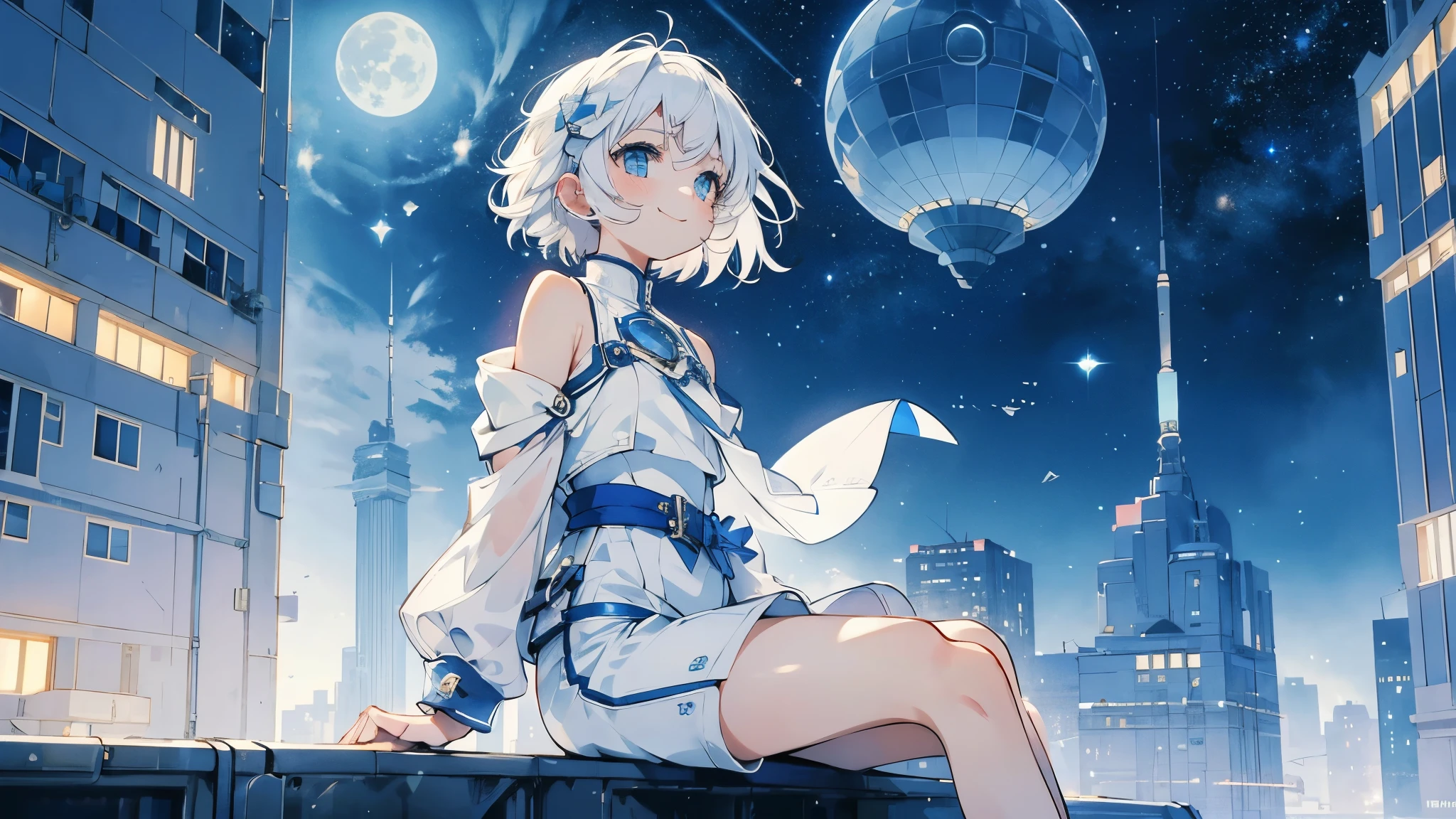 night,Starry Sky,Big full moon,girl１people,Futuristic buildings,Flying Airship,Rooftop、A gentle wind blows,Sitting,Looking up at the sky,Short Hair,White hair color,Blue Mesh,Blue Eyes,,アジアpeople,smile,Primary schokin,Being thin,White skin,White shorts,White tank top,White jacket,Low - Angle,