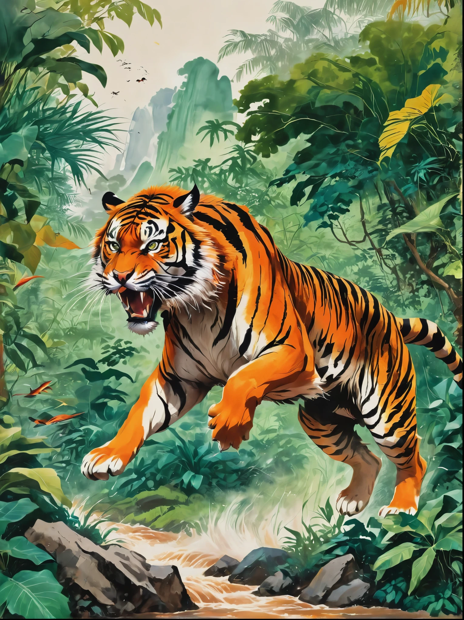 A large, powerful Bengal tiger with vibrant orange and black stripes shown mid-leap with claws extended and teeth bared, The tiger is leaping towards a frightened Caucasian man with brown hair, who is dressed in khaki pants and a red shirt, trying to dodge the attack, The setting is a dense, lush jungle with a thick canopy of trees overhead and green shrubs around, Harm is not depicted; it's a snapshot of a thrilling chase