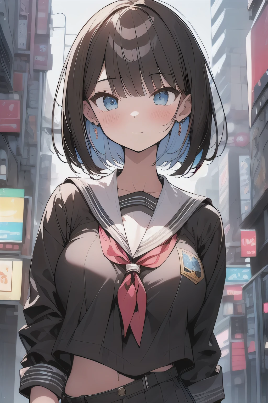 (best quality), (Super detailed), (Best Illustration), (masterpiece), (woman), {(white serafuku:1.2)}, (large breasts:1.2), {brown hair, (sideburns), (bob cut:1.3), curly hair, hairs between eyes, colored inner hair}, {(detailed eyes), blue eyes}, blush, earring, wind, (city landscape)