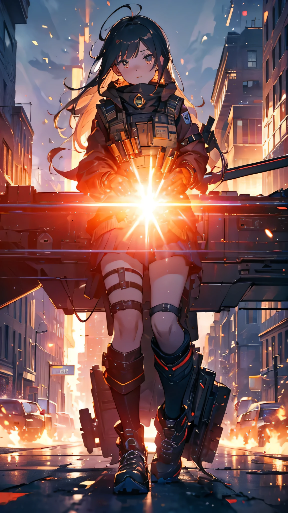 ((highest quality)), ((masterpiece)), 8k, One girl, Bulletproof vest, light, Highly detailed CG Unity 8k ,Beautiful detailed girl,Detailed eyes, Detailed face, View your viewers, gloves, boots, whole body, computer, Drone, Have a weapon, Jacket, (Background Destroyed city) , explosion , cigarette