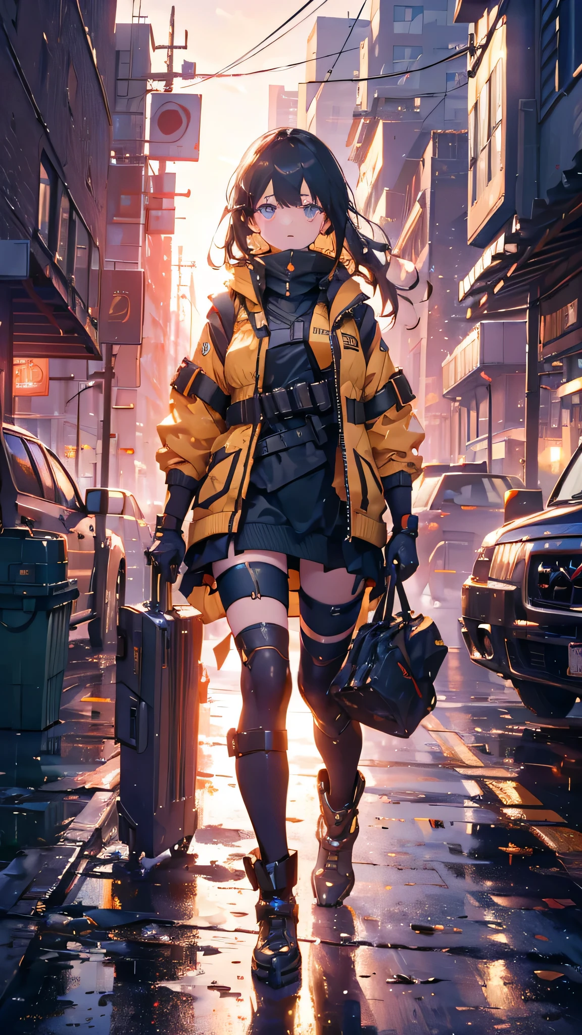 ((highest quality)), ((masterpiece)), 8k, One girl, Bulletproof vest, light, Highly detailed CG Unity 8k ,Beautiful detailed girl,Detailed eyes, Detailed face, View your viewers, gloves, boots, whole body,  computer,  Drone, Have a weapon, Jacket, (Background Destroyed city) , explosion , cigarette