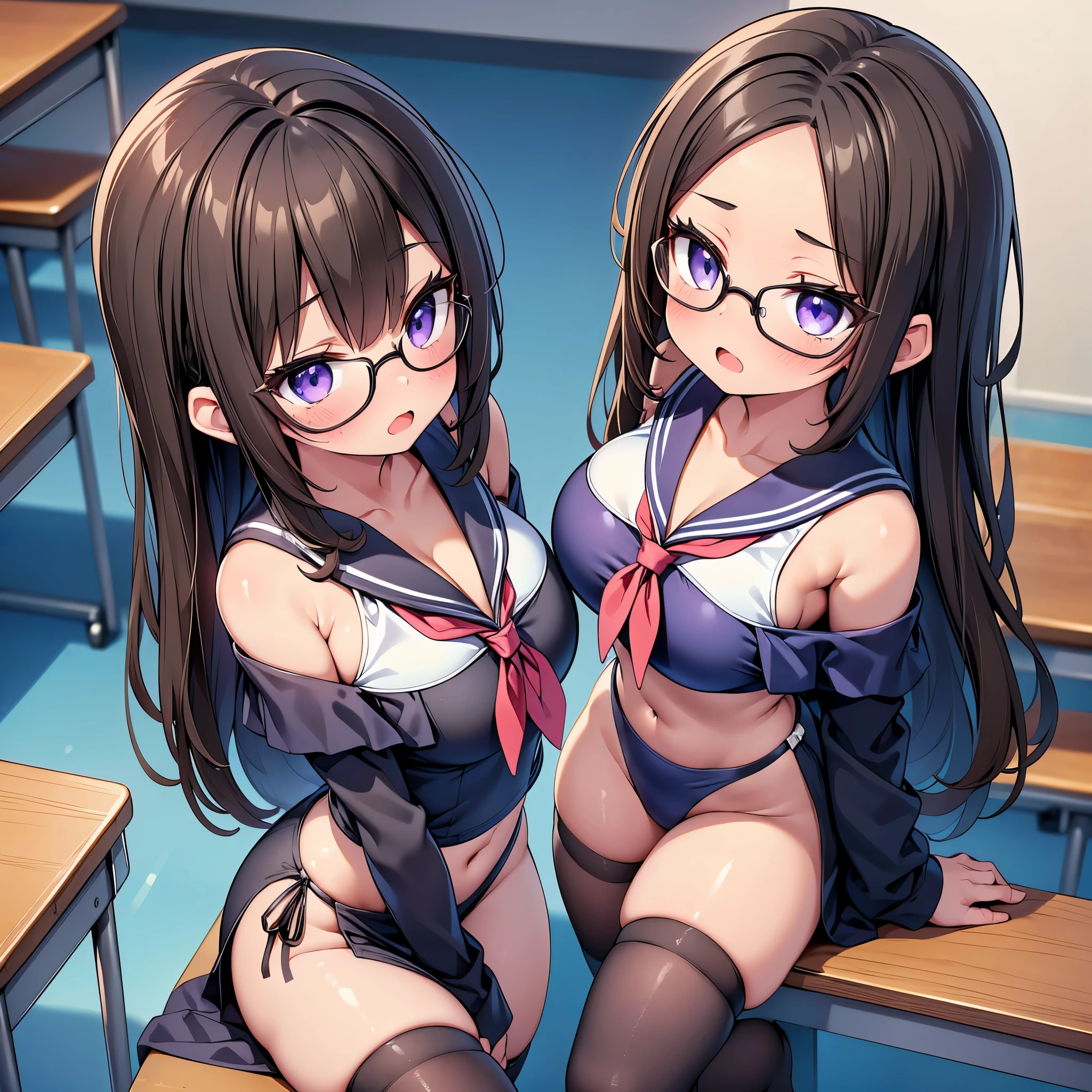 ultra-detailliert, Best Quality, High resolution, ((Two cute girls)), catch light eyes、Looking at Viewer, pale skin, Petite,（Naked sailor suit）、（Bottomless）、 （A dark-haired）、(flat chest), (Glasses), (blush:1.2), Blue eyes, An embarrassed smile, NSFW,　knees up、‎Classroom、Spread your legs apart、Focus on the face、couple sitting, (long hair)