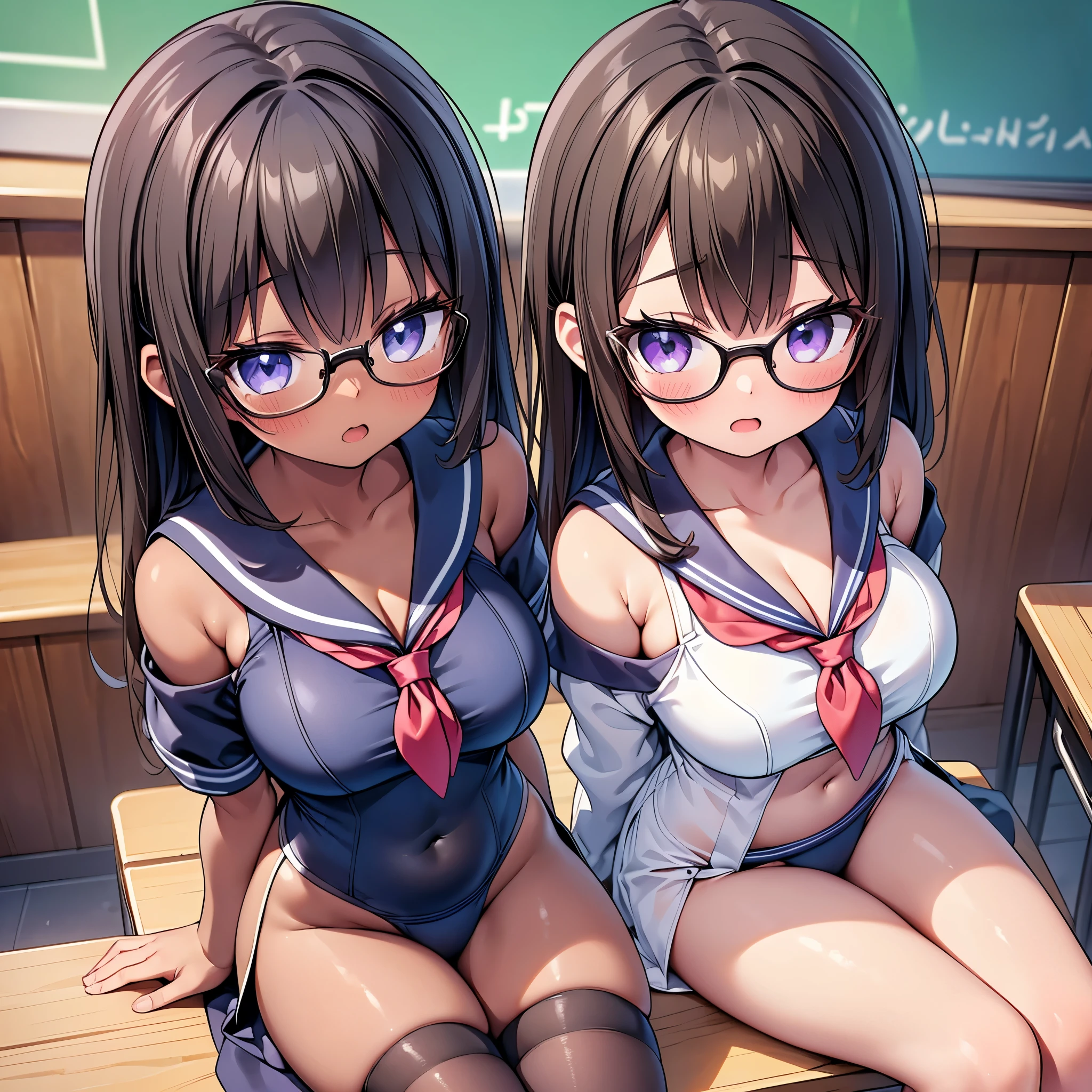 (cute eyes:1.2), (sparkling eyes:1.2), (8K、Best image quality、highest quality、masterpiece)、Detailed face、(2 girls, (Brown Skin:1.3))、Improve、(Black Hair, Purple Eyes, Glasses, long hair)、(open mouth), (embarrassed), (skinny body:1.3),(midium breast), (off shoulder sailor swimsuit:1.2), ((side slit :1.3)), (cleavage), (crop top navel), Sit on a chair, Classroom Background, (black stockings:1.1), (Thighs:1.1), (Waistline:1.1),(close-up shot of bust), (from above:1.2)
