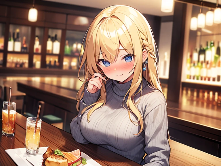 Masterpiece, Top quality, (1 beautiful girl :1.2), Blonde, straight hair, fishtail braid, 24 year old, medium breasts, standard weight, sweater, laugh:1.3, nose blush :1.1, drunk, jitome, beautiful scene of bar, blurry background, magnificent panorama view, drinking alcohol, glass, close up of upper body , side view, from above