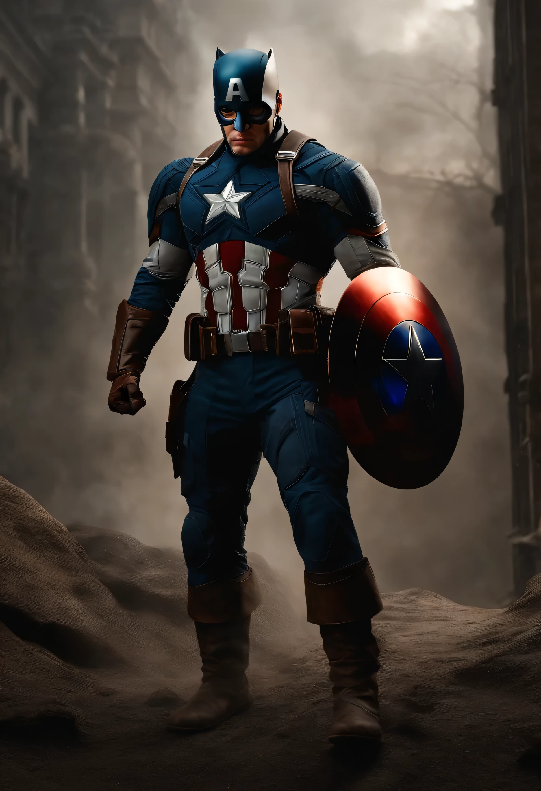 Full body photo of Captain America Batman style , looking at the center camera, perfect composition, bonito, detalhado, intrincado, Intricate octane render trend in Artstation, 8 k artistic photography, arte conceitual fotorrealista, soft natural volumetric cinematic perfect light, Chiaroscuro, Fotografia premiada, master part, oil on the canvas, Raphael, Caravaggio, Greg Rutkowski, bipe, Beksinski, Giger, trending on ArtStation, sharp focus, Studio photo, detalhes intrincados, altamente detalhado, fundo noturno da cidade, Directed by: Greg Rutkowski