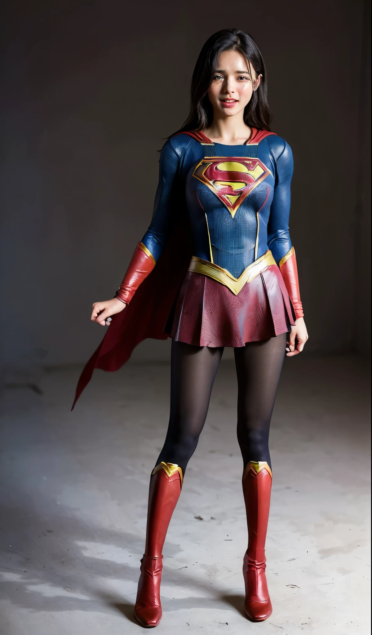 No background、(((Anguished expression)))、(((Are crying)))、(((shout)))、(((Beautiful legs in black tights.)))、(((Legally express the beauty of your smile)))、((((Make the most of your original images)))、(((Supergirl Costume)))、(((Supergirl&#39;Shabby costume)))、(((Beautiful Hair)))、(((suffering)))、(((Please wear black tights....、Wear red boots)))、((Best image quality、8k))、((highest quality、8k、masterpiece:1.3))、(((Preserve background )))、Sharp focus:1.2、Beautiful woman with perfect figure:1.4、Slim Abs:1.2、Wet body:1.5、Highly detailed face and skin texture、8k