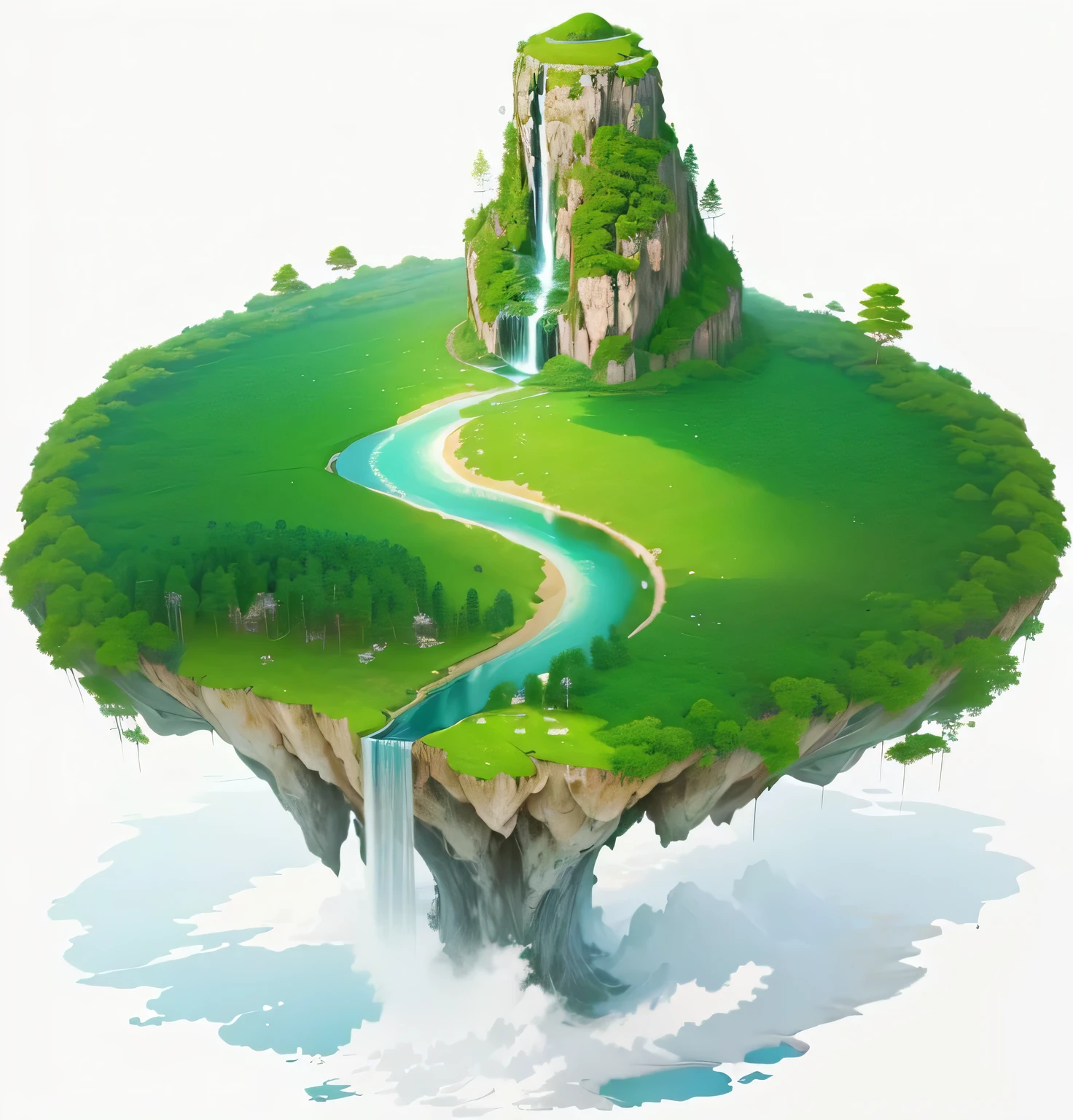 An island in the sky, flying islands, Island Background, floating and flying islands, Floating island,,2D style, Made of trees, Floating island,Top view,There is a grassland,The grass is huge,More trees,Lots of trees,Tree on the island,Brown Rock,There are many trees on the edge of the island,Trees surrounding the island,There are no rivers,no water,Remove the river