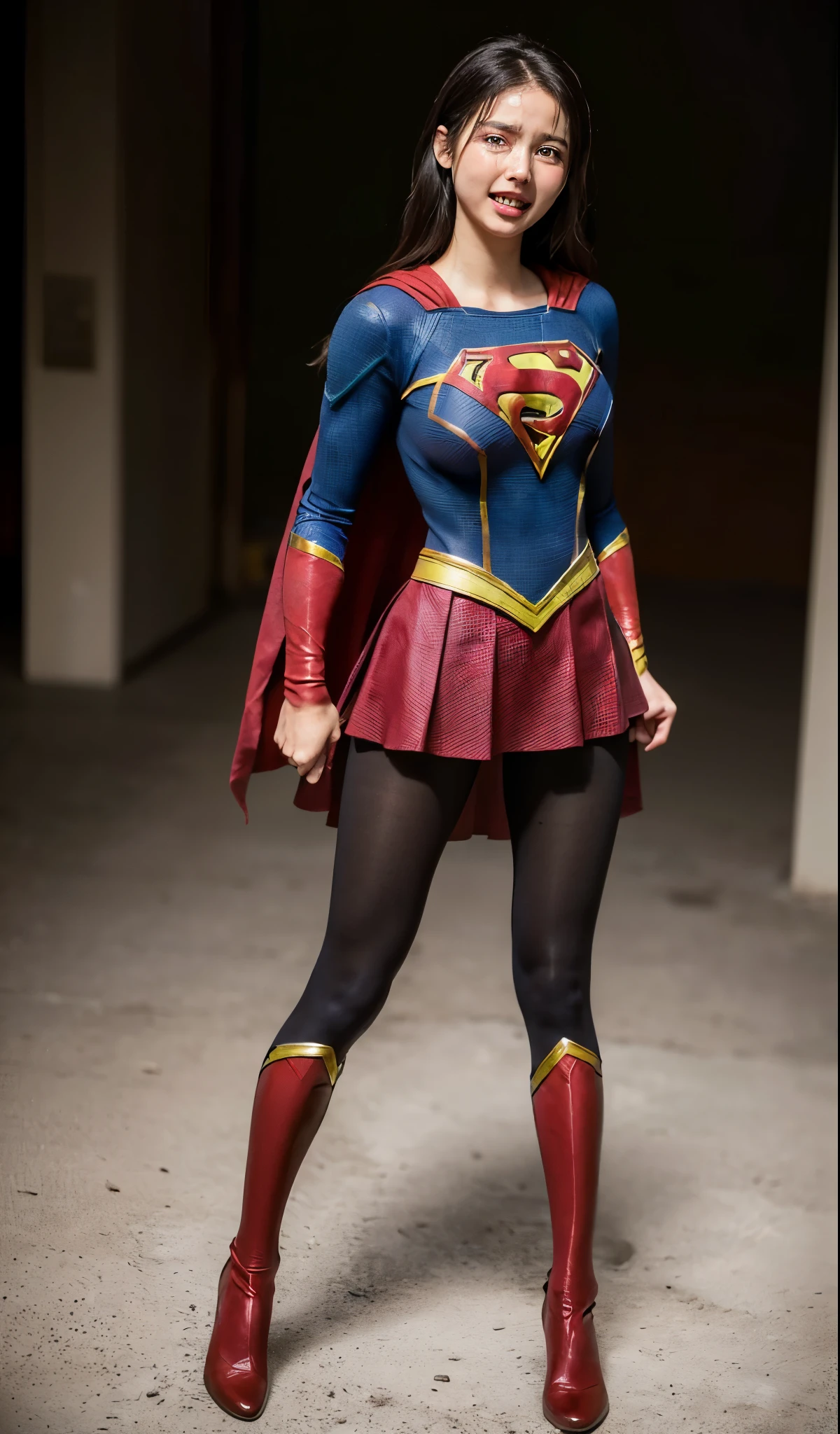 No background、(((Anguished expression)))、(((Are crying)))、(((shout)))、(((Beautiful legs in black tights.)))、(((Legally express the beauty of your smile)))、((((Make the most of your original images)))、(((Supergirl Costume)))、(((Supergirl&#39;Shabby costume)))、(((Beautiful Hair)))、(((suffering)))、(((Please wear black tights....、Wear red boots)))、((Best image quality、8k))、((highest quality、8k、masterpiece:1.3))、(((Preserve background )))、Sharp focus:1.2、Beautiful woman with perfect figure:1.4、Slim Abs:1.2、Wet body:1.5、Highly detailed face and skin texture、8k