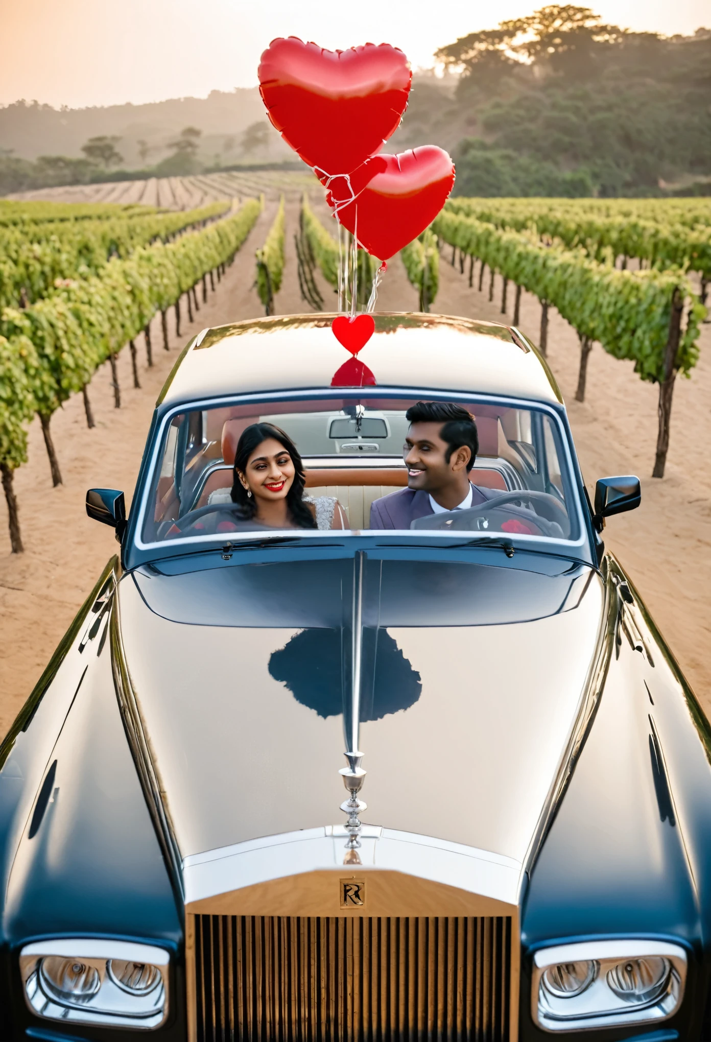 Foreground: A young woman named Sunita and a young man named Vishal sit cozily in a luxurious, vintage car (Rolls Royce) decorated with red roses and heart-shaped balloons. Sunita leans her head on Vishal's shoulder, and they share a warm smile, their eyes sparkling with love.
Background: The couple is parked in a scenic location, perhaps a beach at sunset or a vineyard bathed in golden light.
Text: The words "Sunita & Vishal" are written in a decorative font above their heads, and a small red heart icon can be placed next to their names.