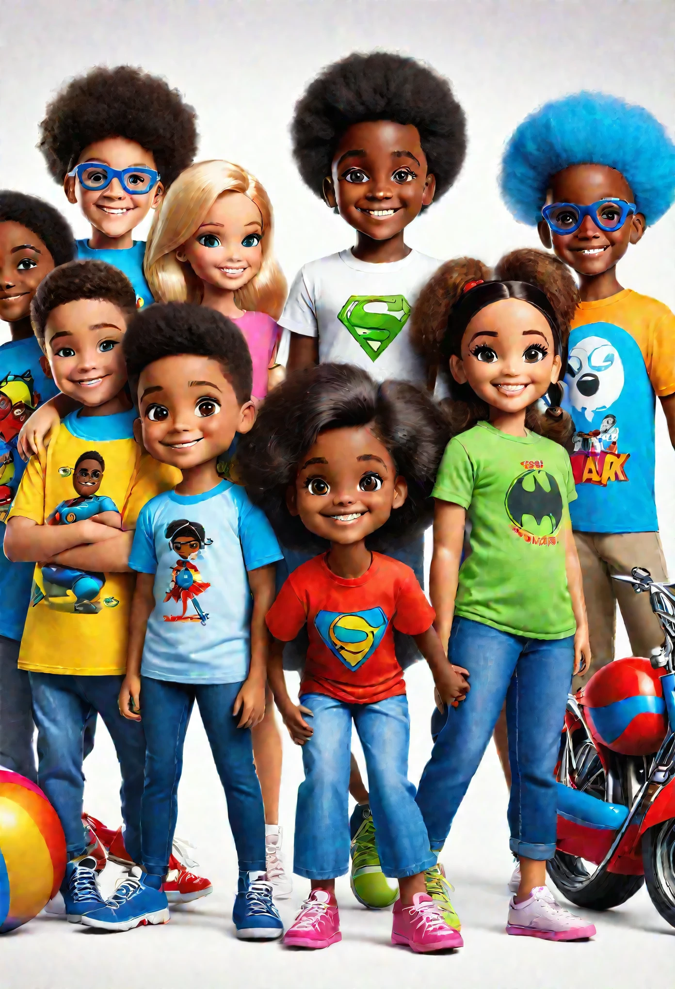 Four black children between 10 and ************, sendo 2 ******s e uma ,  com tshirts brancas sorridentes , with lots of toys at your feet, like superhero dolls, bicicletas, bonecas barbie, bolas de futebol e embrulhos de presente e sacos cheio de outros brinquedos em formato de cartoon tipo pixar, They are in a studio with nothing on the stark white walls and happily posing for a children&#39;s photo&#39;dia.  Cabelos crespos, cabelos encaracolados, muitos brinquedos ao fundo  nas prateleiras brancas