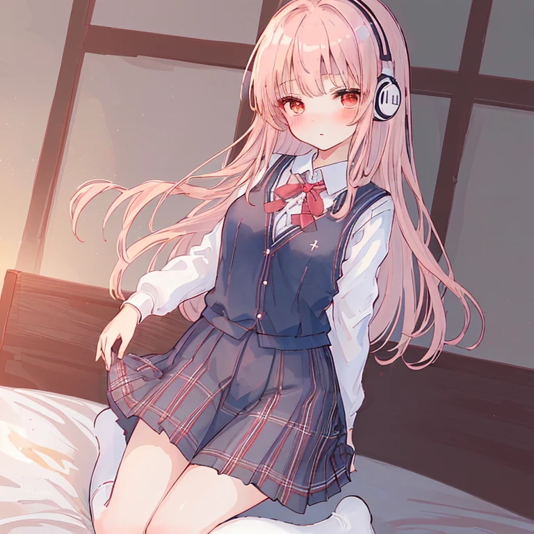 (8k、highest quality、masterpiece:1.2)、Illustration touch、Ultra-detailed、Super A High Resolution、Light pink hair、long hair、Headphones、One woman in uniform、clear、High 、White long sleeve blouseとnavy blue sweater vest、White long sleeve blouse、The blouse is buttoned、Red ribbon tie、navy blue sweater vest、red and black plaid skirt、赤黒チェックmini skirt、mini skirt、White Pantyhose、delicate、On my knees、She is on all fours on the bed with her hips raised.、Inner thighs、White panties、Watery eye、(School uniform:1.4)、Blushing