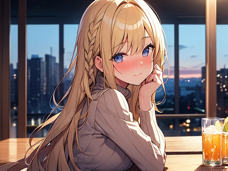 Masterpiece, Top quality, (1 beautiful girl :1.2), Blonde, straight hair, fishtail braid, 24 year old, medium breasts, standard weight, sweater, laugh:1.3, nose blush :1.1, drunk, upturned eyes, beautiful scene of bar, blurry background, magnificent panorama view, drinking alcohol, glass, close up of upper body , from side