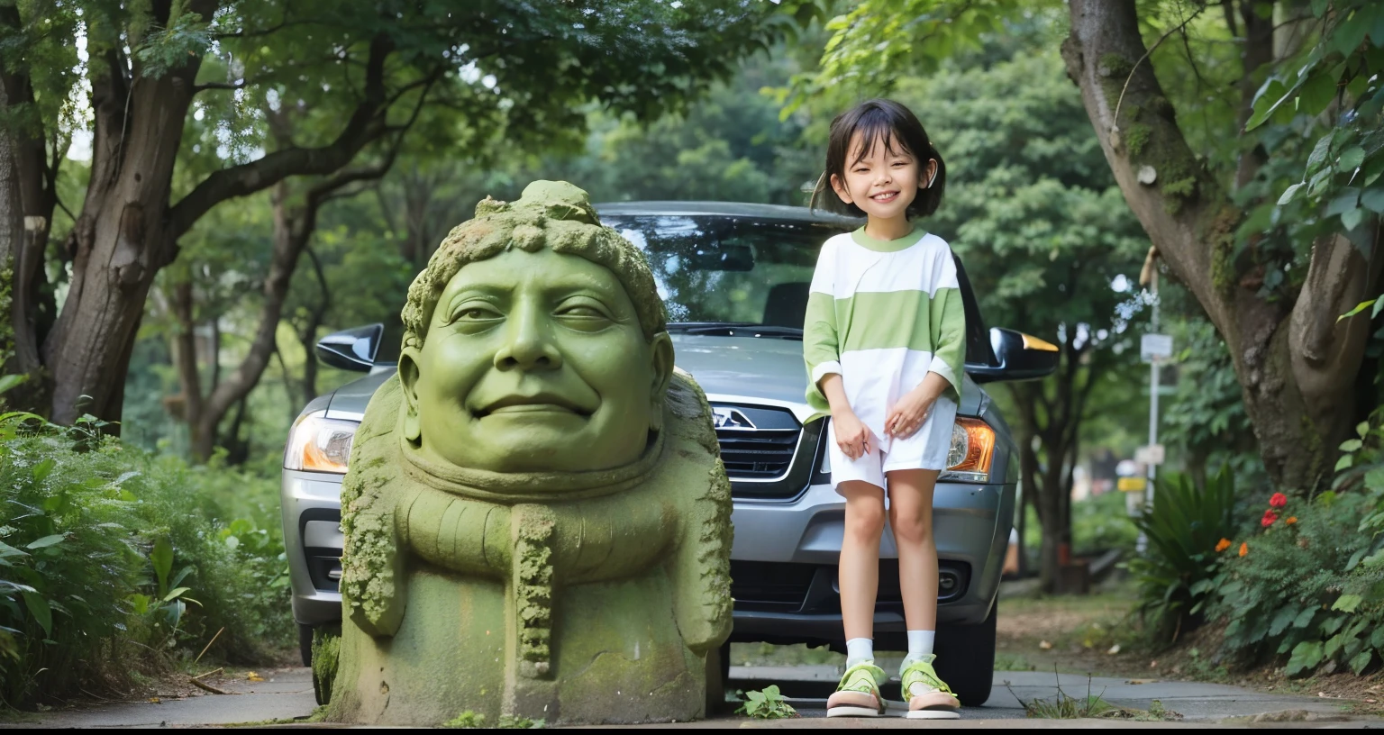This image features a girl with short brown hair wearing a green and white striped shirt and red shorts, standing next to a large, moss-covered stone statue with a smiling face. The girl appears to be frowning or pouting. Behind them is a parked car, and the scene is set in a lush, green forest with sunlight filtering through the trees, creating a serene and natural atmosphere.
