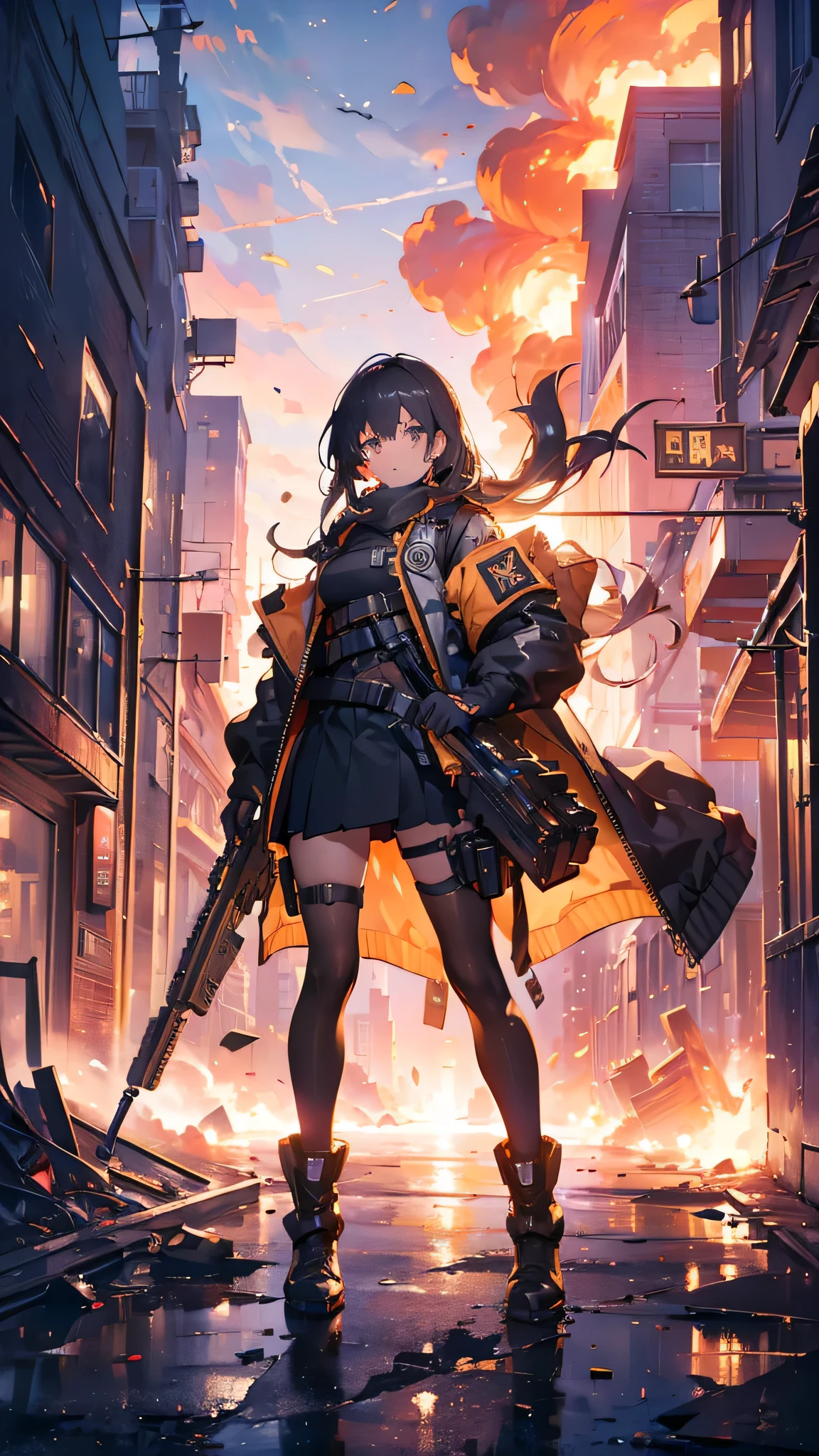 ((highest quality)), ((masterpiece)), 8k, One girl, Bulletproof vest, light, Highly detailed CG Unity 8k ,Beautiful detailed girl,Detailed eyes, Detailed face, View your viewers, gloves, boots, whole body,  computer,  Drone, Have a weapon, Jacket, (Background Destroyed city) , explosion , cigarette