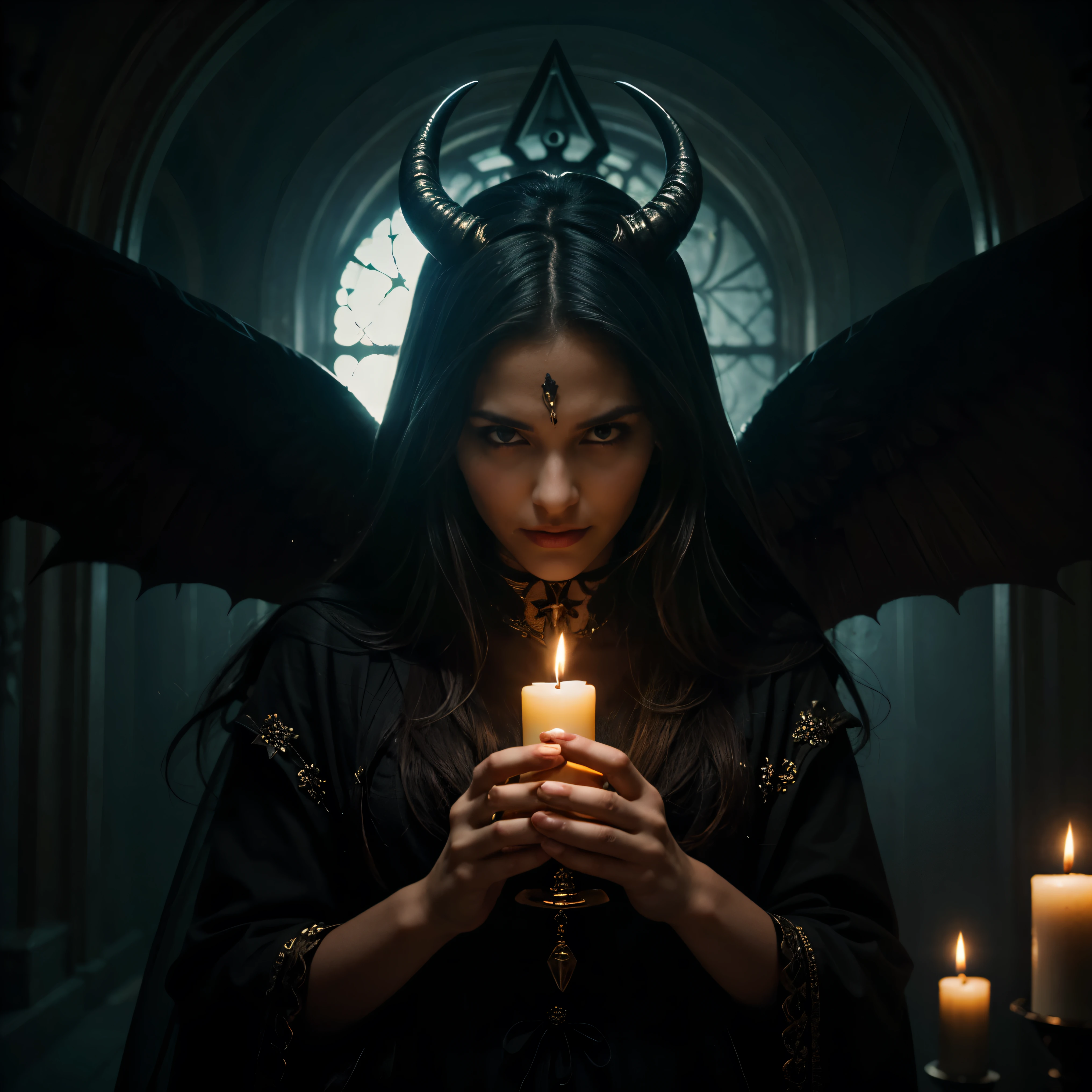 Best Quality、Super detailed、Bright colors、Portrait、dark、Mythical creatures、Baphomet、Sharp focus、Gothic style、Devilish Features、horn、Beard、Winged human figure、Wicked Smile、Occult symbolism、Black and white、Spooky lighting、The setting of the ceremony、Mysterious atmosphere、Candlelit room、Majestic and awe-inspiring、Wisdom and knowledge、Esoteric symbolism、Third Eye、Pentagram