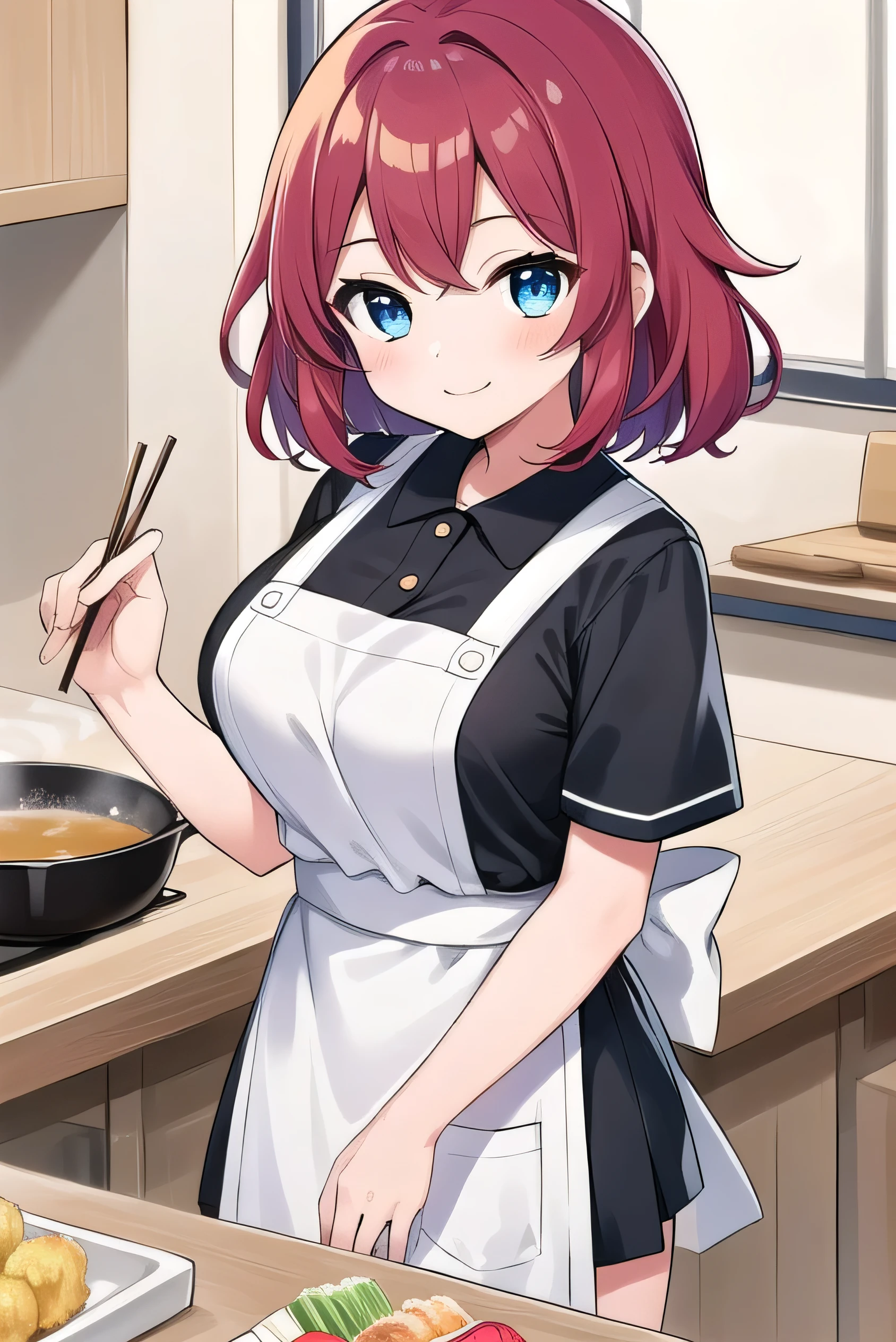 Big breasts, red hair, blue eyes, droopy eyes, elementary school student, super big breasts, (medium hair: 1), baggy clothes, elementary school student, young face, short height, , old, shy Agari, smiling a little, soft hair,straight hair girl, cooking, tempura, chopsticks, apron