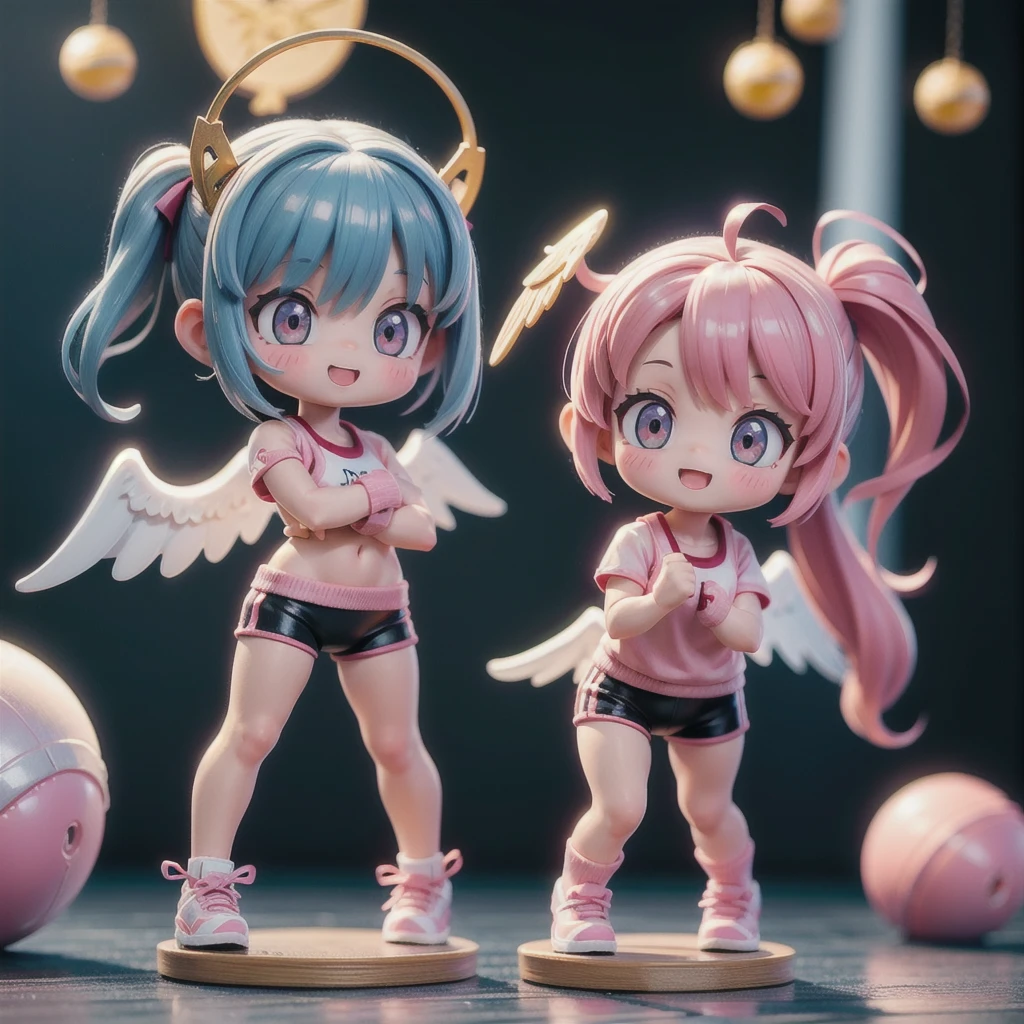 (photorealistic),multiple girls,(girls is angel),((girls with angel's wing,angel halo floats above her head),various hairstyles and haircolors,(nendoroid figure), miniatures,illustration,very happy smile,mouth open,angels lifting dumbbells at the gym,whole body,dynamic pose,training equipment,three-dimensional,3D renderingPerfect face,Collagen texture,